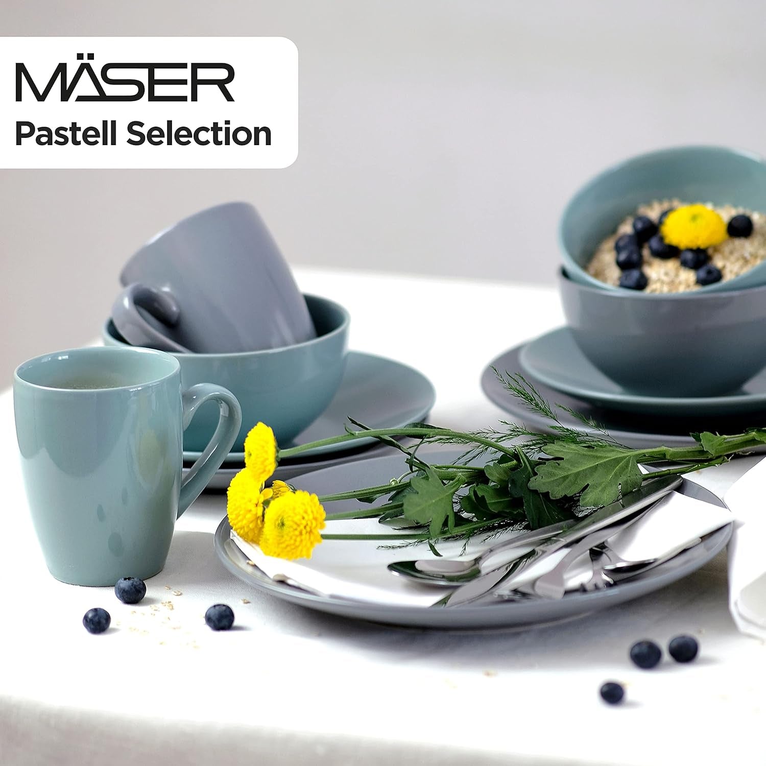 MĘSER Pastel Selection, Modernes Geschirr Set für 4 Personen, 16-teiliges Kombiservice aus Keramik, Steinzeug, Türkis-Grün