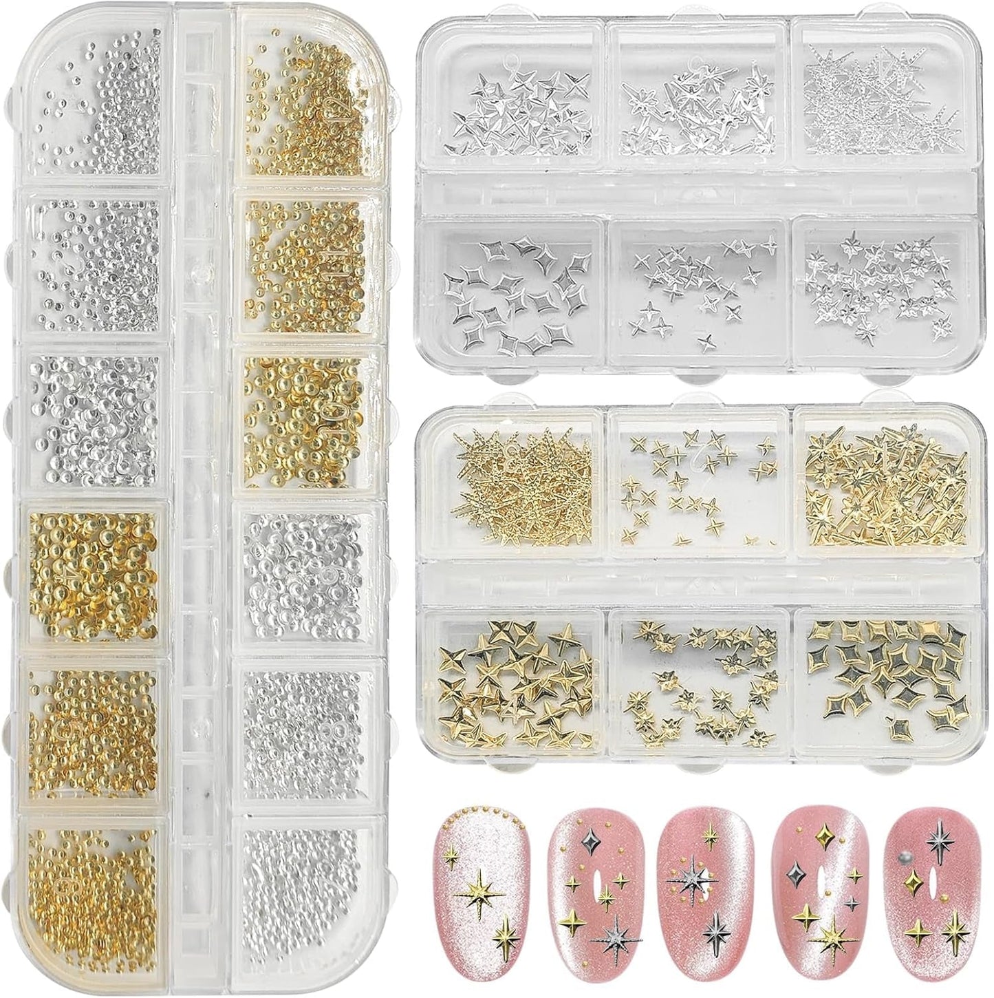 3400 Stück Goldene Und Silberne Sternperlen, Goldene Nagelanhänger, Zubehör Für Nagelschmuck, Schöne Sternnagelanhänger Für Nägel, cyrkonie do zdobienia paznokci