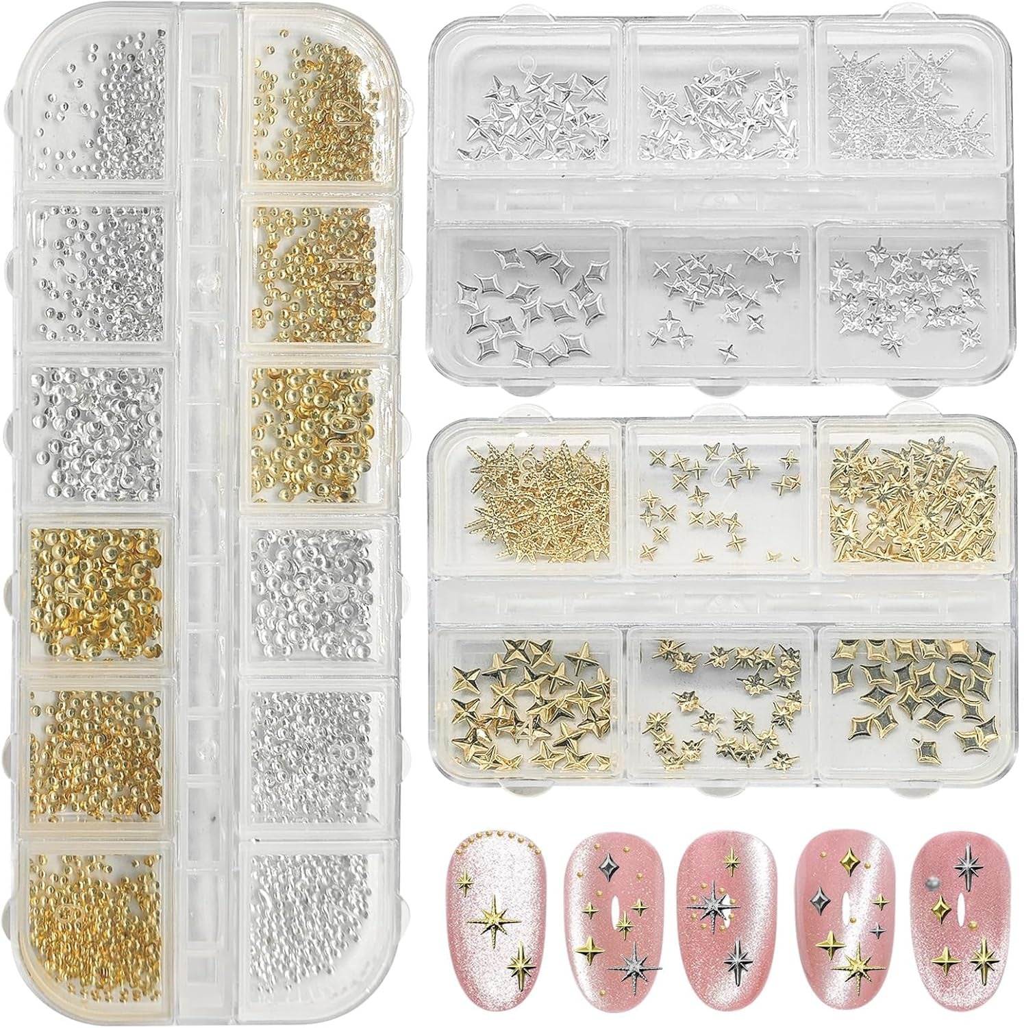 3400 Stück Goldene Und Silberne Sternperlen, Goldene Nagelanhänger, Zubehör Für Nagelschmuck, Schöne Sternnagelanhänger Für Nägel, cyrkonie do zdobienia paznokci