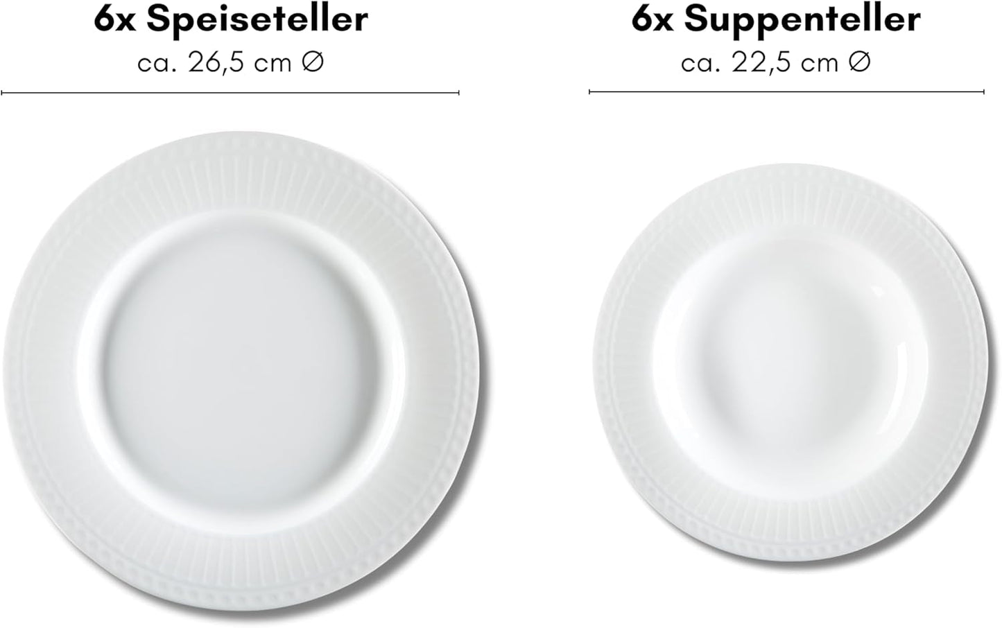 Ritzenhoff & Breker Sofia Tafelservice 12-teilig, Speiseteller (26 cm) i Suppenteller (22 cm) für 6 Personen, Tafel-Set z feinem Rillenrelief, Fine-Dining-Geschirr, Porzellan, Weiß
