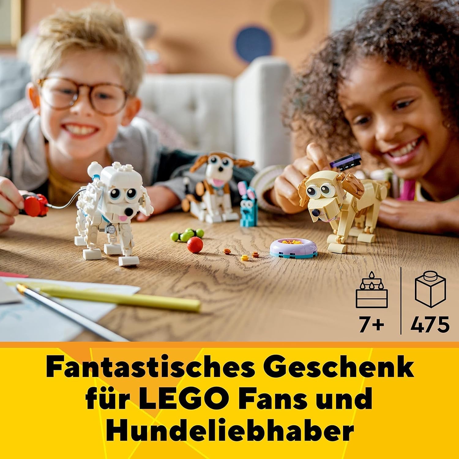 LEGO 31137 Creator Zestaw 3 w 1 ze słodkim psem z figurkami zwierząt Jamnik, mops, pudel i inne zabawki dla dzieci w wieku powyżej 7 lat, prezent dla miłośników psów Zestawy do budowania Besuche den LEGO-Store