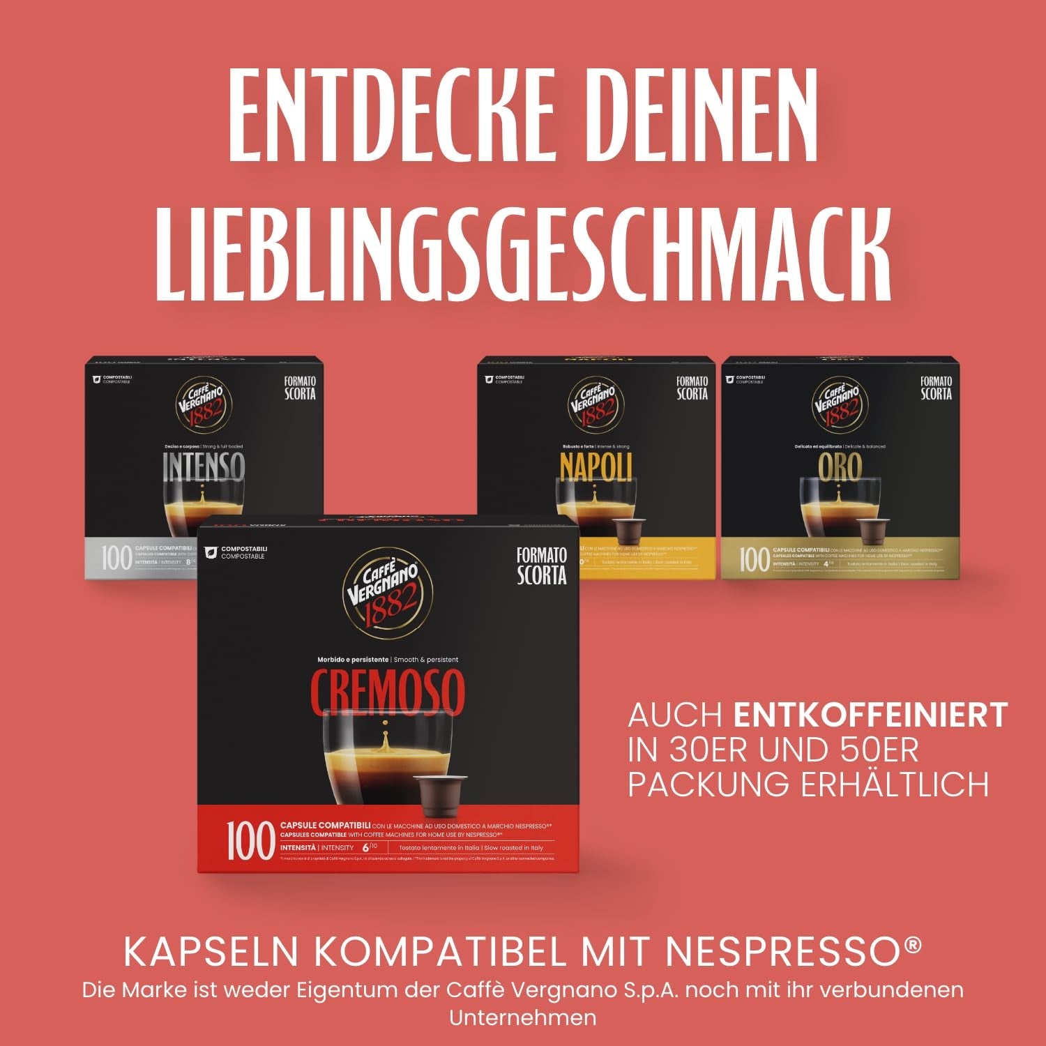 Caffè Vergnano 1882 - Kaffeekapseln kompostowalna Èspresso, kompatybilna z Nespresso, Cremoso (kremowa) - Packung Enthält 100 Kapseln