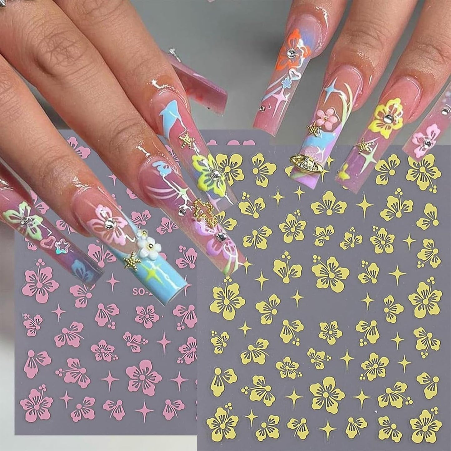 8 Stück Hibiskus Nagelsticker, 3D Selbstklebende Blumen Nagelaufkleber, Weiß Rosa Gelb Magenta Sommer Neonail naklejka, Nail Art Zubehör Nagel Deko für Frauen