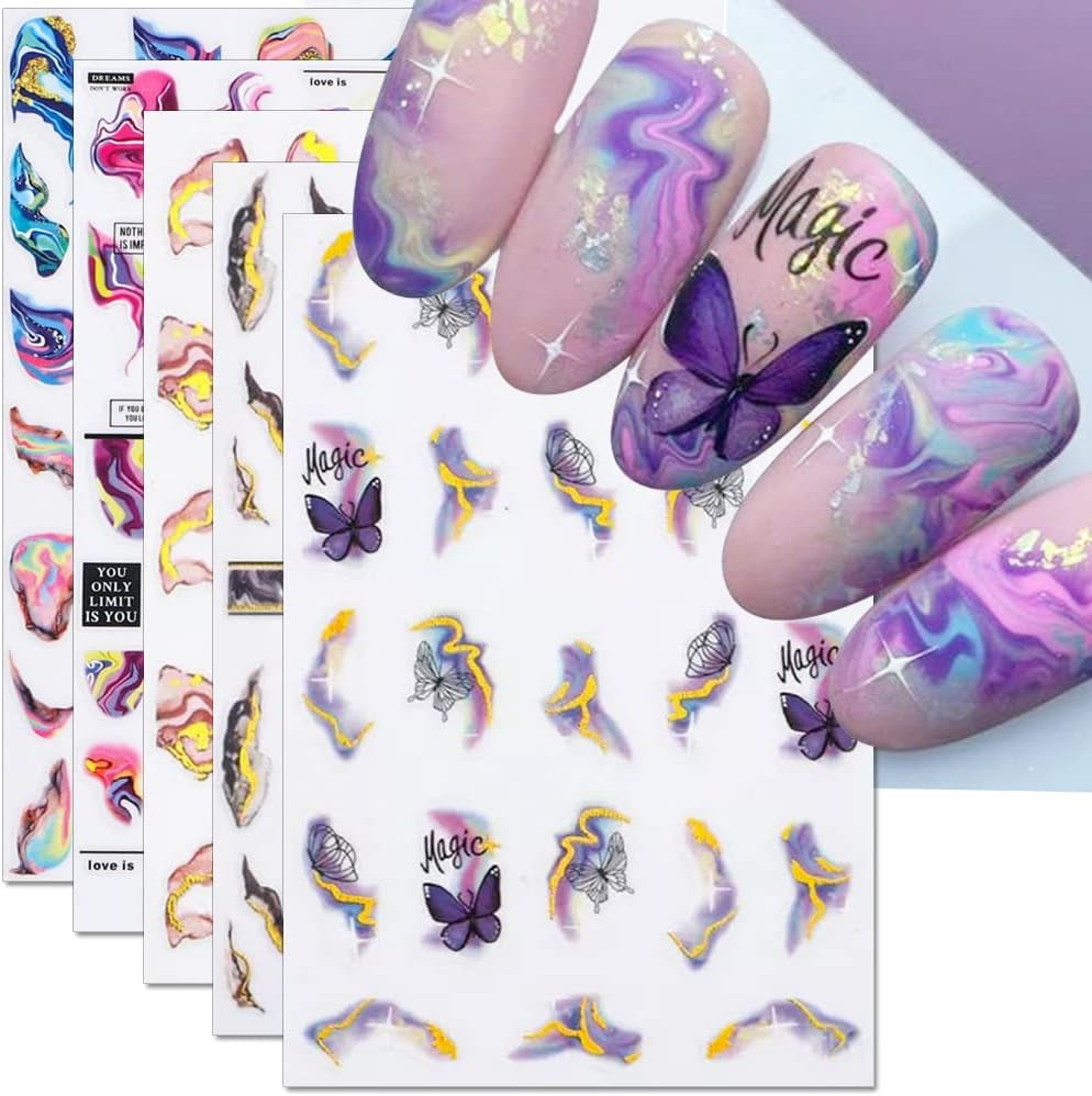 6 Blatt 3D Lila Schmetterling Nagelstickers Selbstklebend Nagelaufkleber Schmetterlinge Naklejka na paznokcie Bunte Blühen Marmor Nagel Naklejki Regenbogen Welle Linien Nail Art Aufkleber Nageldesign Zubehör