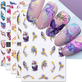 6 Blatt 3D Lila Schmetterling Nagelstickers Selbstklebend Nagelaufkleber Schmetterlinge Naklejka na paznokcie Bunte Blühen Marmor Nagel Naklejki Regenbogen Welle Linien Nail Art Aufkleber Nageldesign Zubehör