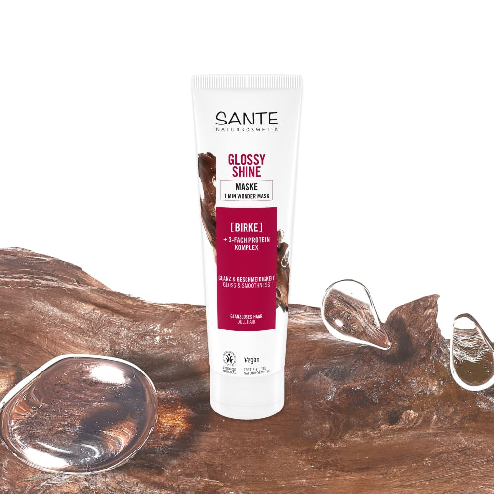SANTE Naturkosmetik Glossy Shine Mask organiczny ekstrakt z liści brzozy + 3x kompleks białkowy, niezawierająca silikonu i nawilżająca maska do włosów, wegańska pielęgnacja włosów zapewniająca większy połysk i elastyczność, 150 ml Naty Shop Hair Mask