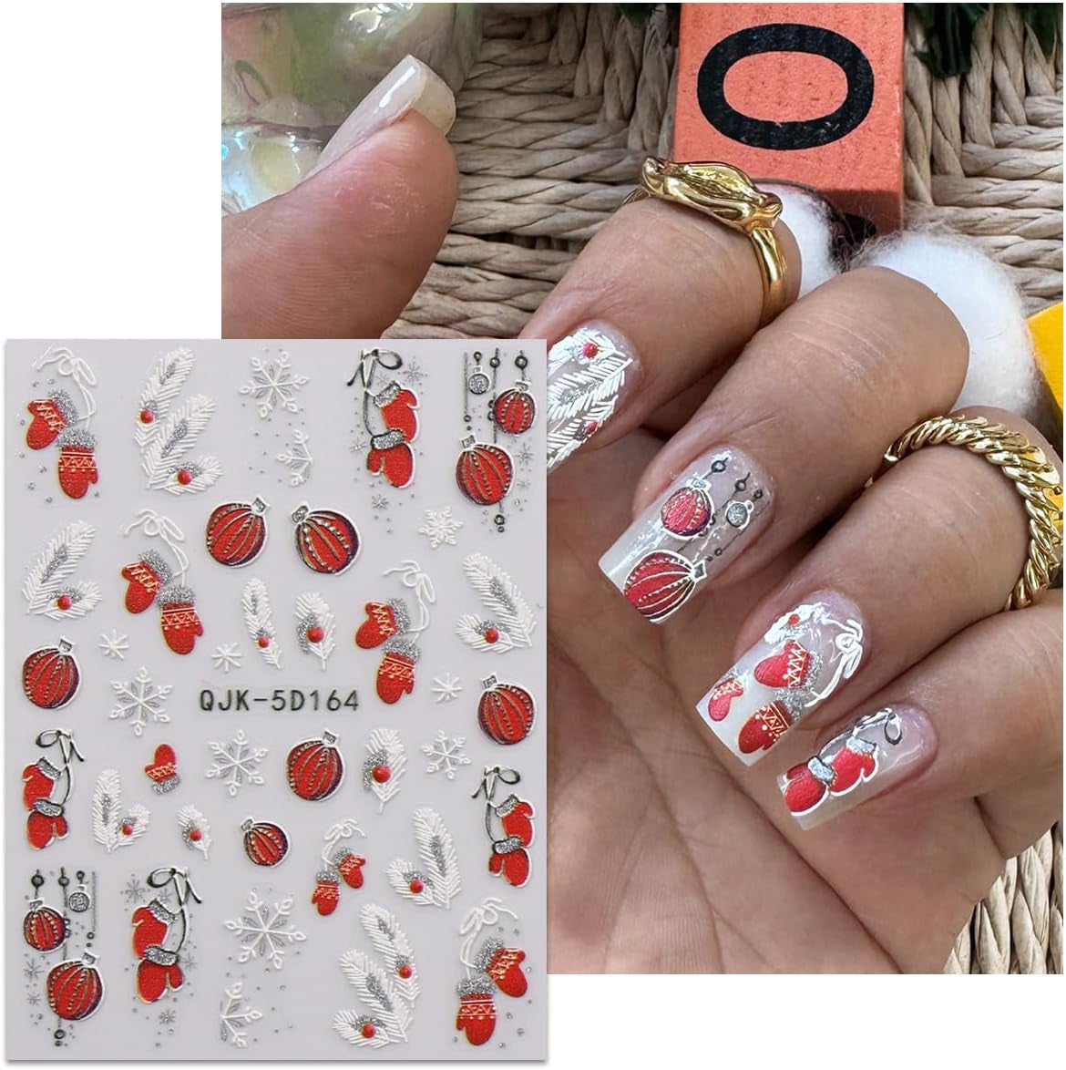 JMEOWIO 3D Nagelsticker Weihnachten Glitzer Nail Art Naklejka Selbstklebend Nagelaufkleber 5D Stereoskopisch Schneeflocke Winterurlaub Süß Dekoration Nageldesign Zubehör 4 Blatt