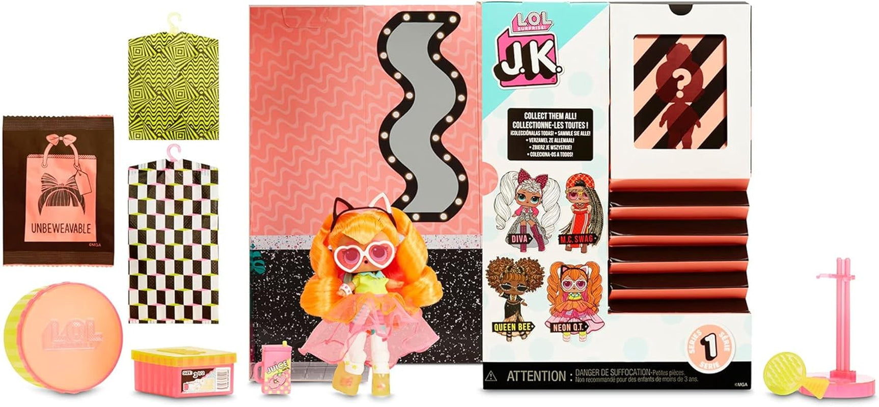 LOL niespodzianka! 570776E7CAZ JK Mini Fashion Doll - 15 niespodzianek, ubrań i akcesoriów - Kolekcje - Neon QT