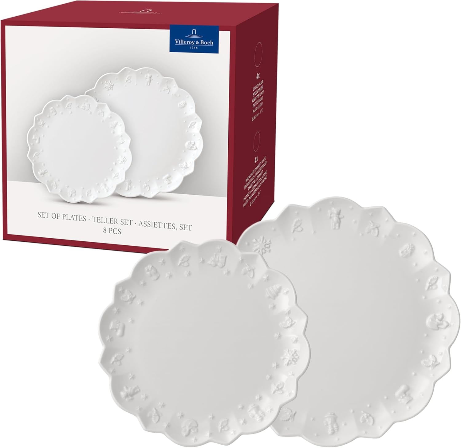 Villeroy & Boch Toy's Delight Royal Classic 8-częściowy zestaw naczyń obiadowych, można myć w zmywarce i używać w kuchence mikrofalowej, biały, talerze, zestaw naczyń obiadowych dla 4 osób, zastawa bożonarodzeniowa, zabawki, porcelana premium