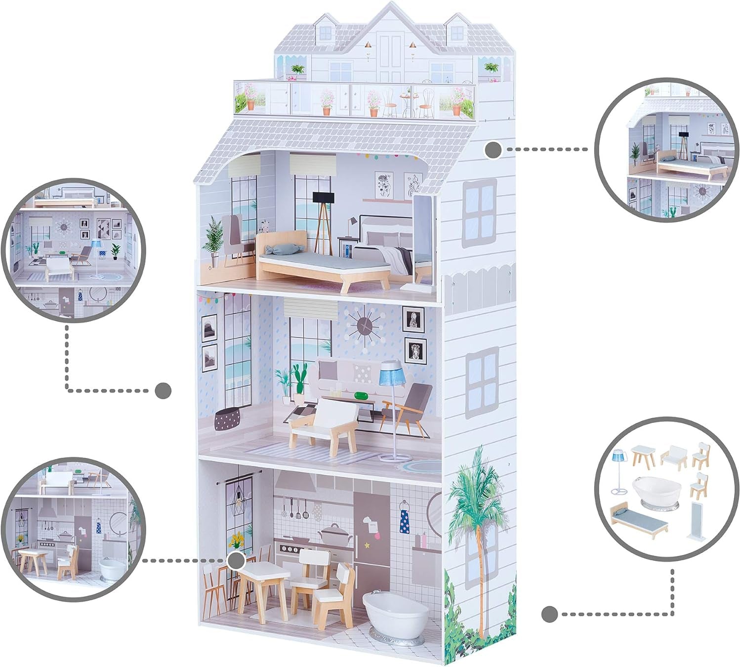Teamson Kids Olivia's Little World Gigantyczny domek dla lalek z meblami i akcesoriami, drewniany domek dla lalek, 3-poziomowy zestaw dla lalek 30 cm, wiek: 3+