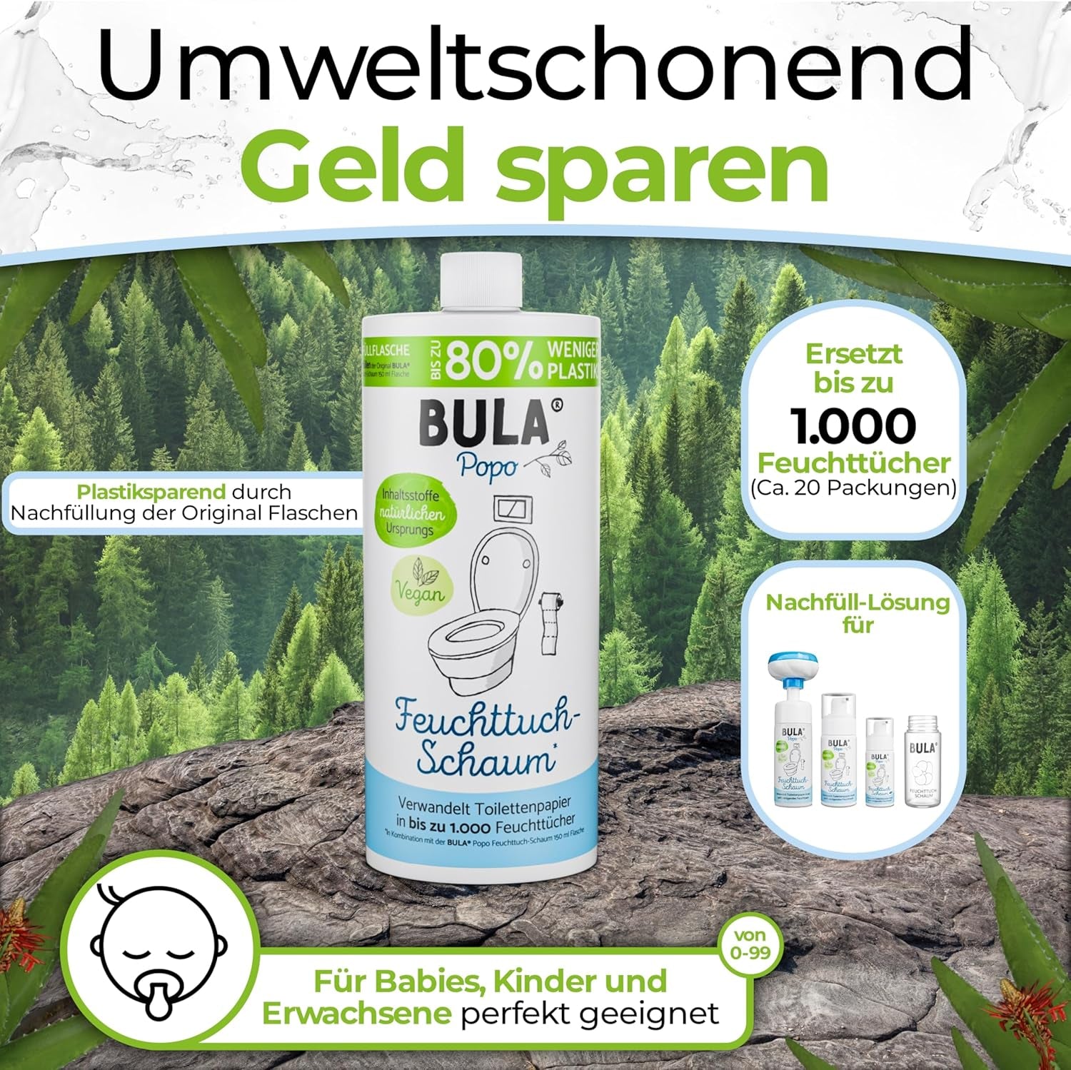Butelka uzupełniająca BULA® Popo (750 ml) TYLKO DO NAPEŁNIENIA naszych butelek 150 ml i 50 ml! | Zastępuje aż 1000 chusteczek! | Ze składnikami naturalnego pochodzenia
