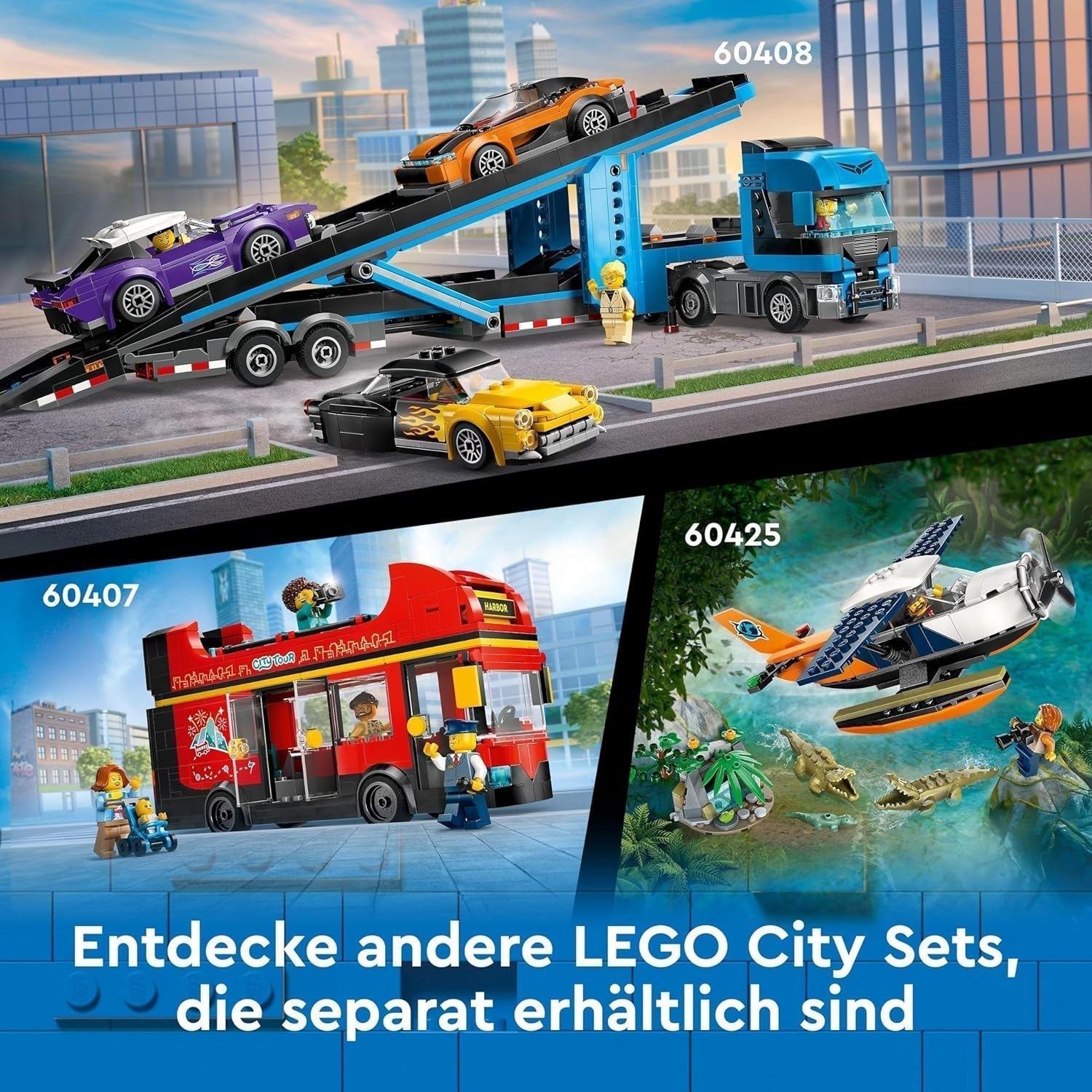 LEGO City piętrowy autobus, piętrowy autobus zabawkowy, zestaw pojazdów dla dziewcząt i chłopców od 7 lat, zawiera 5 figurek, w tym dziecko w wózku 60407 Zestawy do budowania Besuche den LEGO-Store