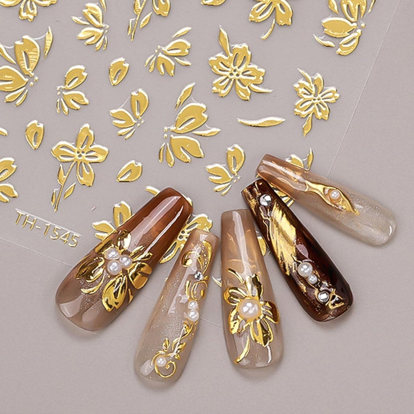 JMEOWIO Nagelsticker Goldene Blumen 8 Blatt Nail Art Naklejka Selbstklebend Nagelaufkleber Dekoration Nageldesign Zubehör