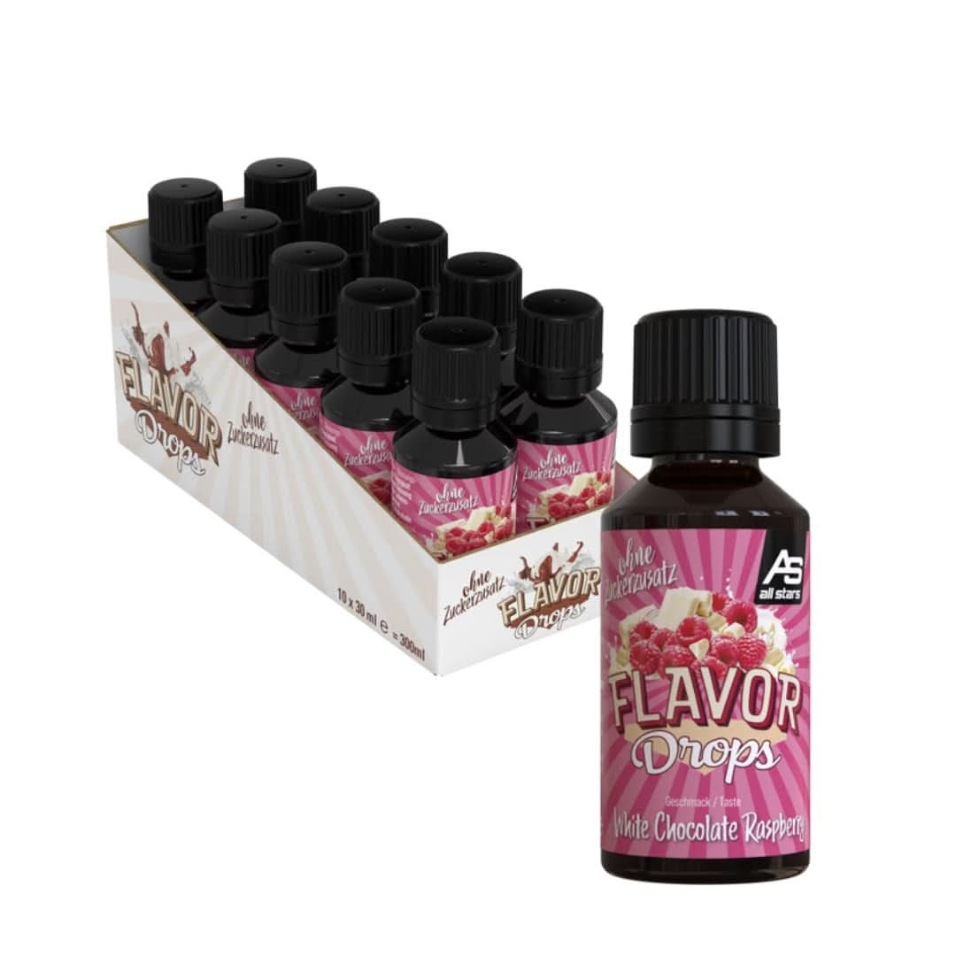 ALL STARS Flavour Drops, Krople smakowe bez dodatku cukru i bez kalorii - Słodycz i aromat do potraw, 30 ml Słodziki Naty Shop Biała czekolada z maliną 10 x 30 ml