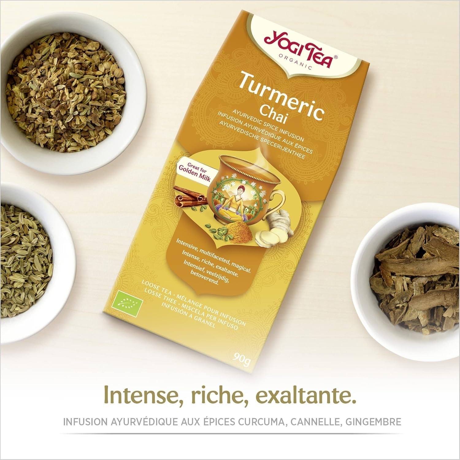 Herbata Yogi - Kurkuma Chai Organiczna herbata ajurwedyjska z przyprawami, bez kofeiny, kurkuma, cynamon i imbir Mieszanka Herbata Yogi, luzem, 8 x 90 g (720 g) Opakowanie Idealny prezent