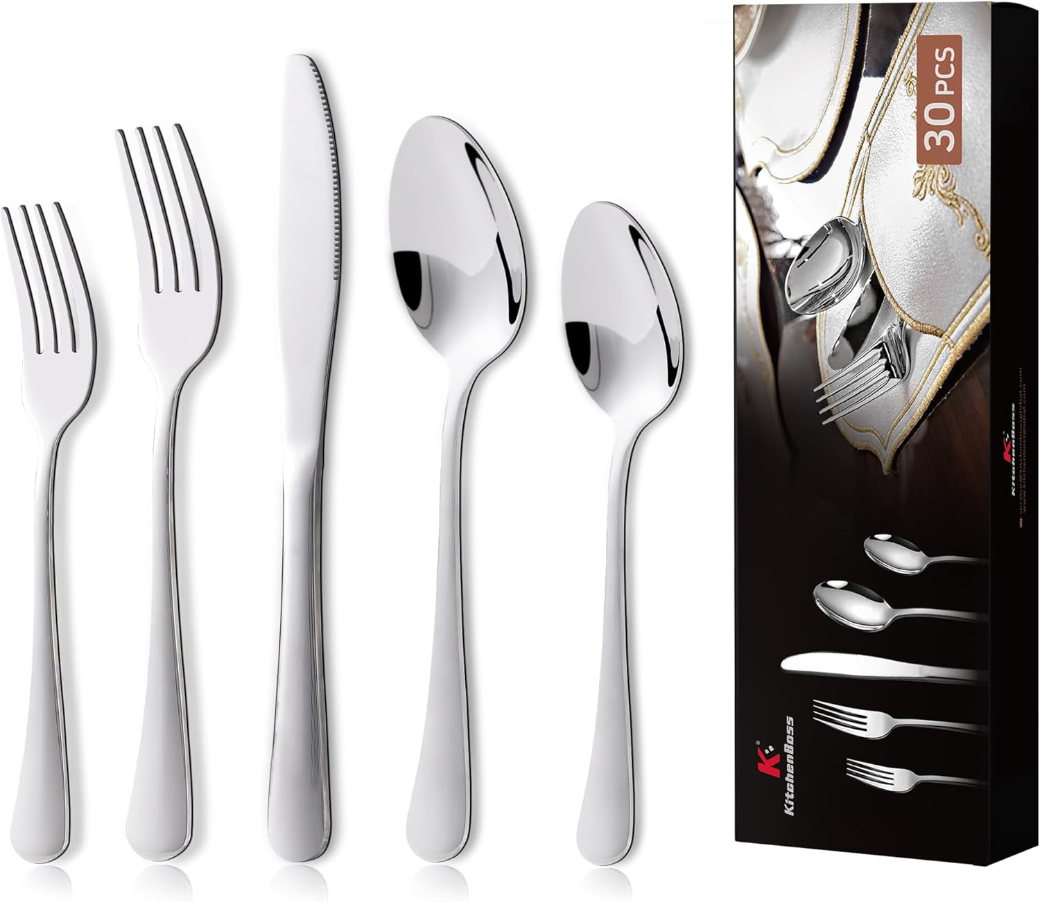 Zestaw sztućców Kitchenboss dla 6 osób: Zestaw sztućców 20 lub 30 sztuk Kitchen Naty Shop Silver 30 sztuk