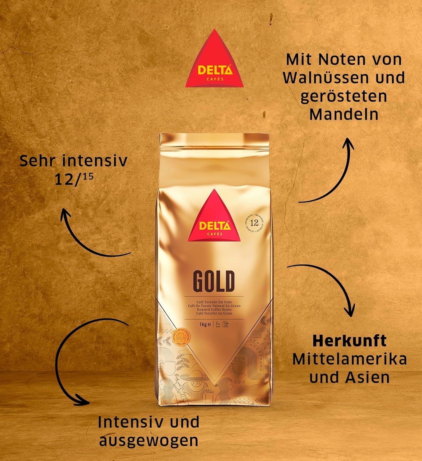 Delta Cafés - Kaffeebohnen Gold - 2 opakowania po 1 kg - Intensität 12 - Vollmundige Arabica-Röstkaffebohnenmischung - Sehr aromaticisch mit Noten von Honig und Reifen Früchten
