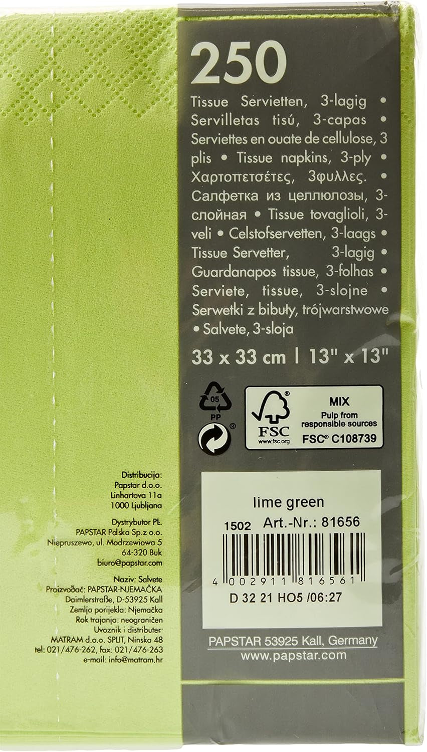 250 serwetek, 3-warstwowych, złożonych na 1/4, 33 cm x 33 cm zielone jabłko (2 sztuki w opakowaniu)