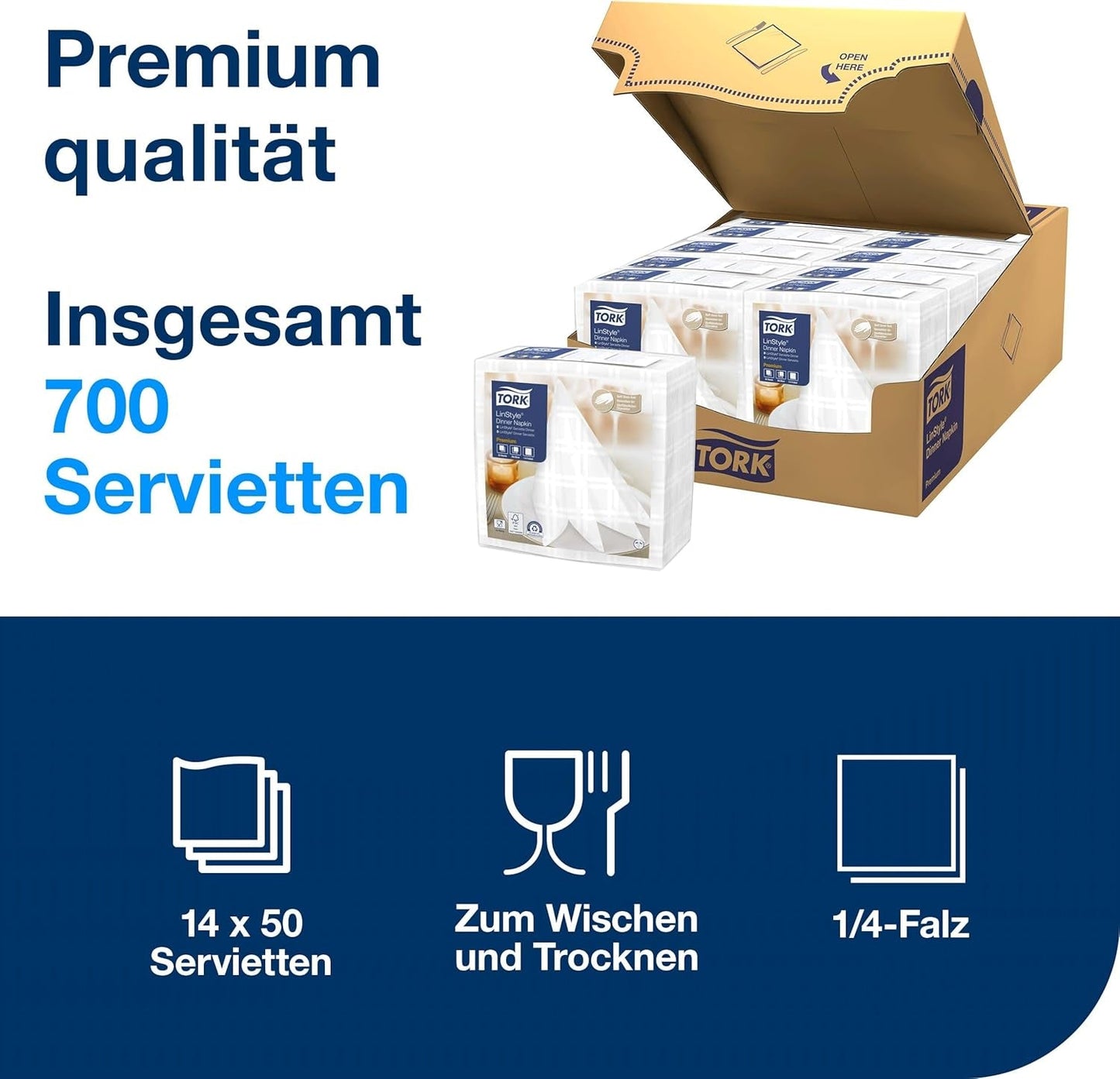Tork Linstyle białe serwetki stołowe, złożone w 1/4, 19,5 × 19,5 cm, 14 serwetek o średnicy 50, 509410