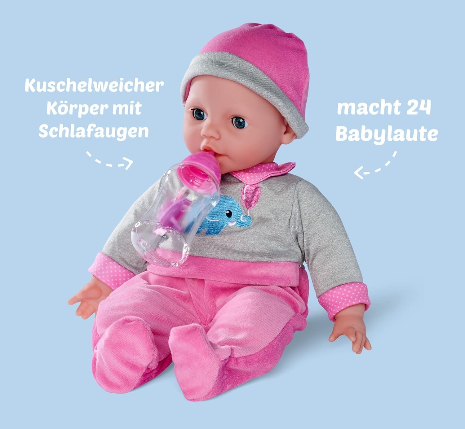 Simba 105140066 - Laura Interactive, lalka o miękkim ciele, o zaspanych oczach, bełkocząca przy ruchu, pijąca z butelki i zasypiająca, 40 cm, lalka bobas dla dzieci od 2 lat