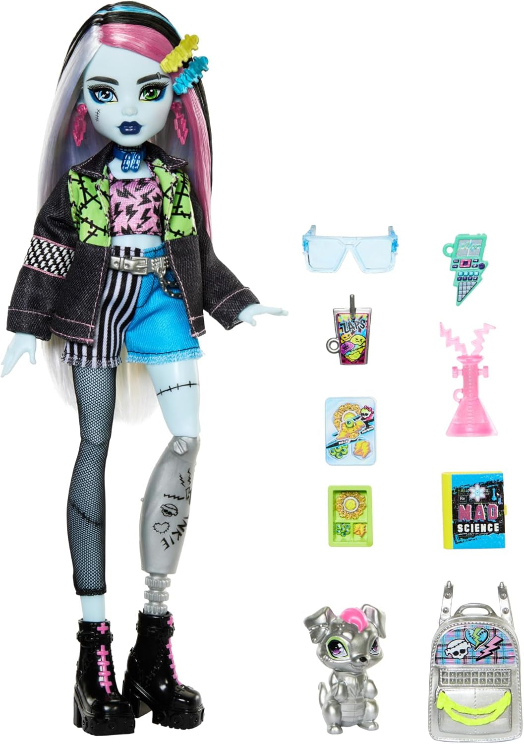 Lalka Monster High Frankie Stone w dżinsowej kurtce i spodenkach, zawiera psa Watzie i akcesoria, takie jak plecak, przekąska i notatnik, lalki HXH73 Naty Shop