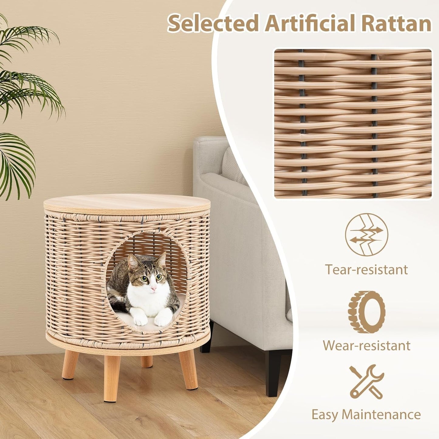 Katzenhaus Rattan, Katzenmöbel mit Holzbeinen & soft Kissen, 3 w 1 Katzenhöhle Fußhocker Nachttisch, Katzenbett stabil bis 30 kg dla Wohnzimmer Schlafzimmer