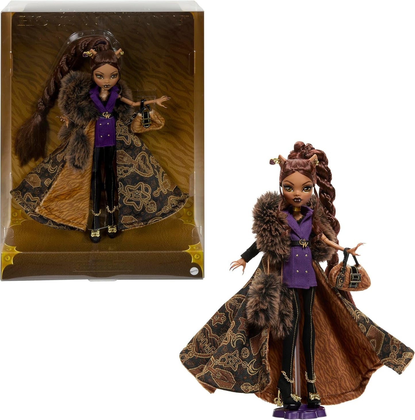 Monster High Doll House of Wolves Clawdeen Wolf Figurka kolekcjonerska z żakardowym płaszczem ze sztucznego futra Fioletowa kurtka Sukienka Złote spodnie i akcesoria JDR66