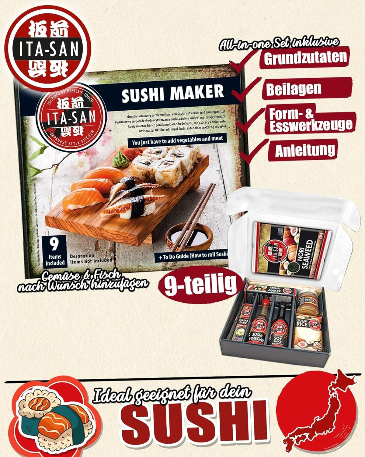 Zestaw do sushi ITA-SAN (9-częściowy kompletny zestaw, idealny dla początkujących, na próbę lub na prezent) 1 opakowanie