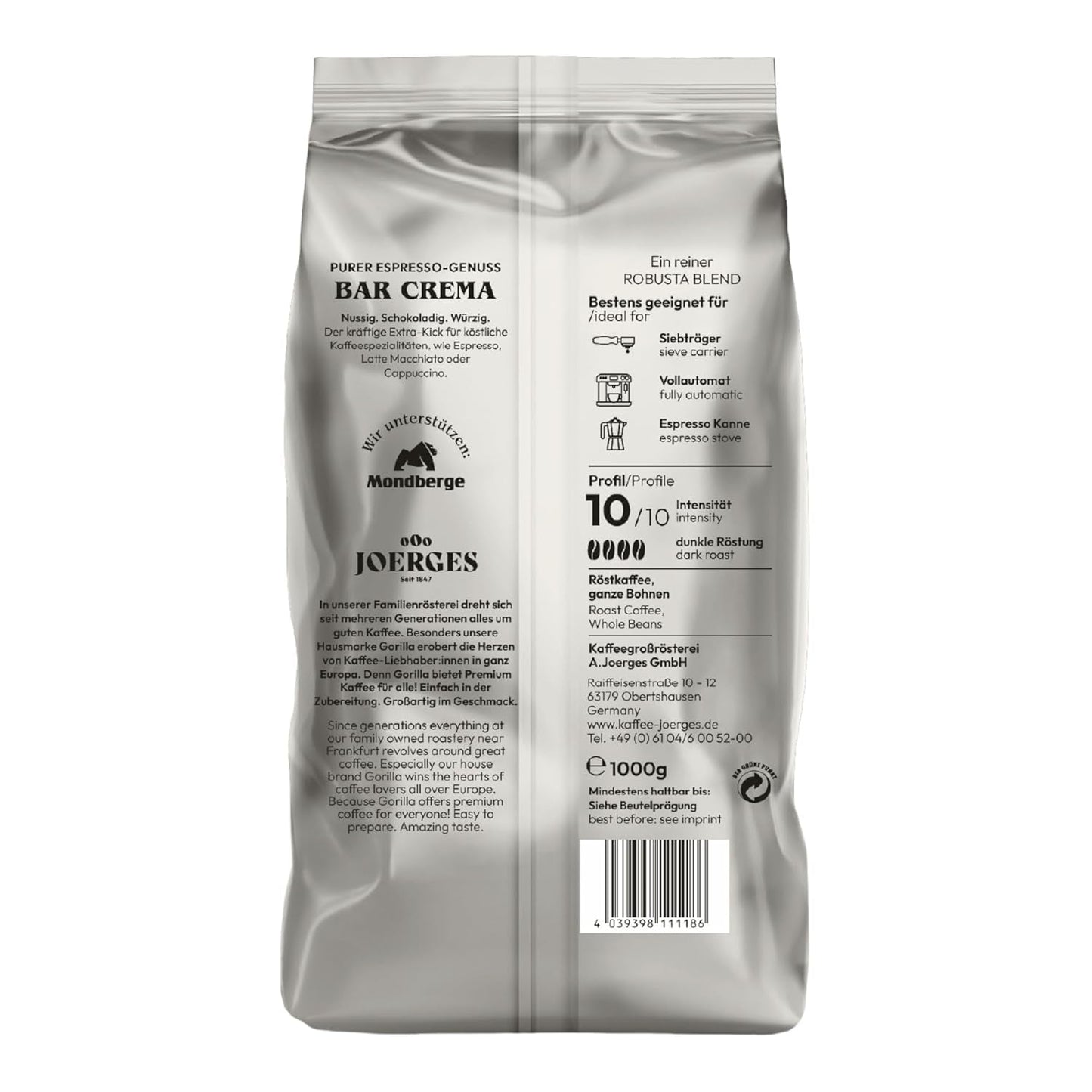 Gorilla Espresso Bar Crema kawa ziarnista - 12 opakowań po 1000g każde