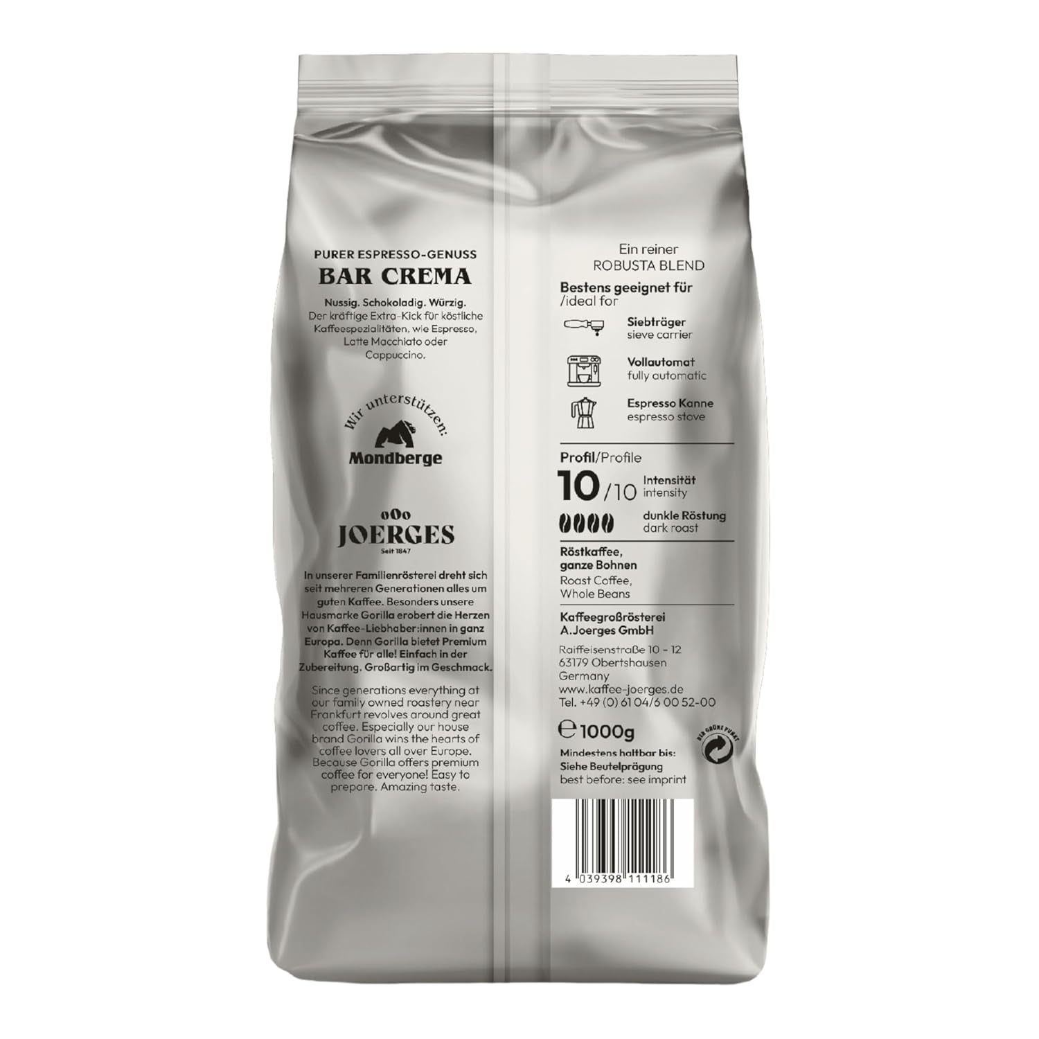 Gorilla Espresso Bar Crema kawa ziarnista - 12 opakowań po 1000g każde