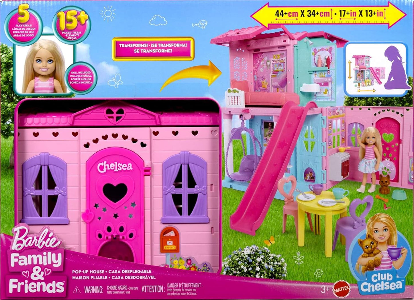 Domek dla lalek Barbie Chelsea z ponad 15 akcesoriami, wysuwany domek powiększa się do ponad 42 x 33 cm z 5 obszarami do zabawy i zjeżdżalnią, z małą lalką i psem, JFW49