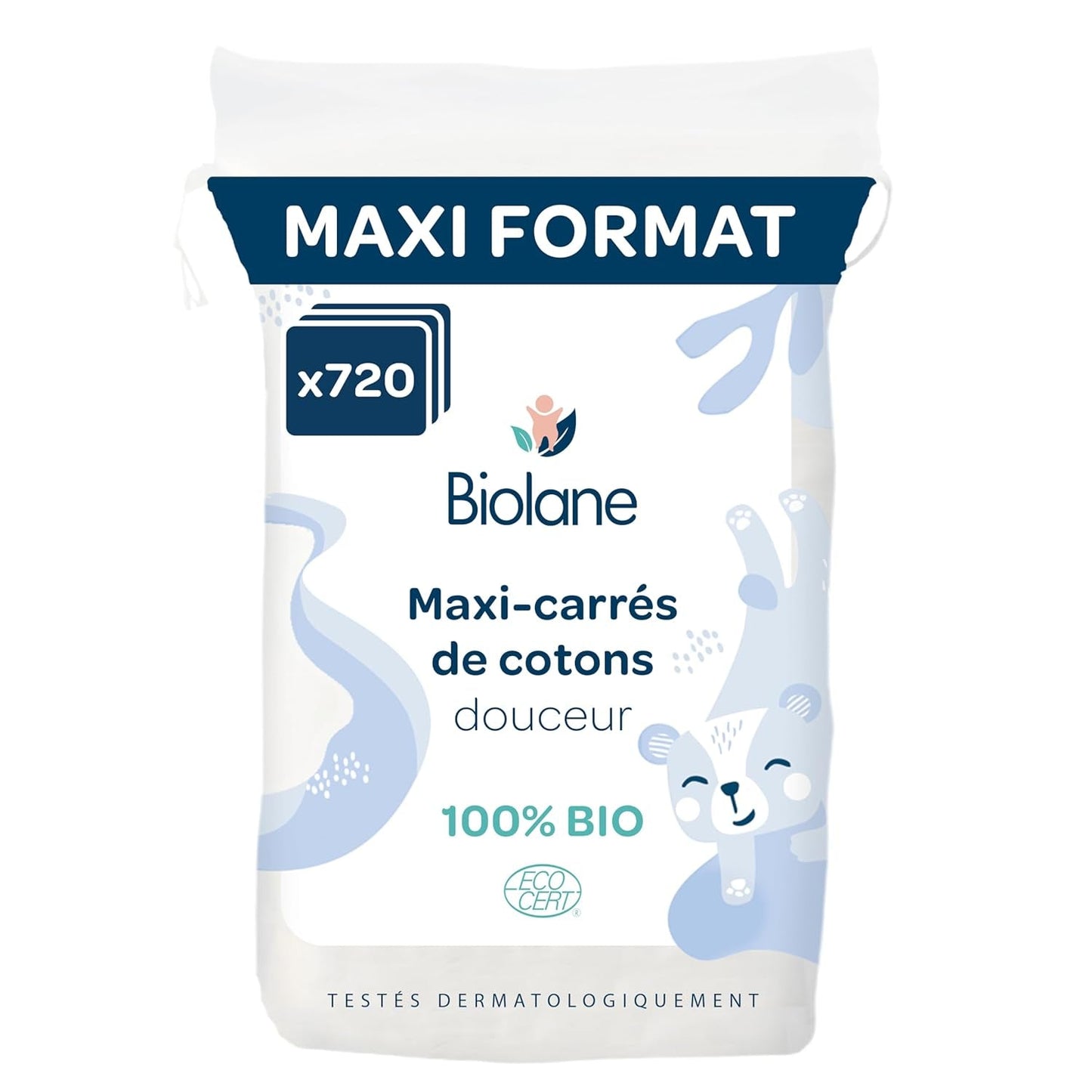 BIOLANE 12 mokrych podkładek Maxi-Squares - Niemowlęta - 100% organiczne - 720 bawełna - dla skóry wrażliwej - Przebieranki i artykuły toaletowe - od urodzenia - wyprodukowane we Francji