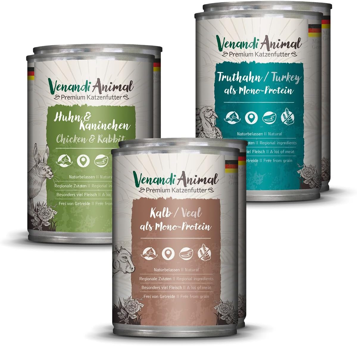 Venandi Animal Premium Nassfutter für Katzen, Probierpaket II, Kurczak + Królik, Kalb, Indyk, 6 x 400 g, getreidefrei und naturbelassen, 2,4 kg