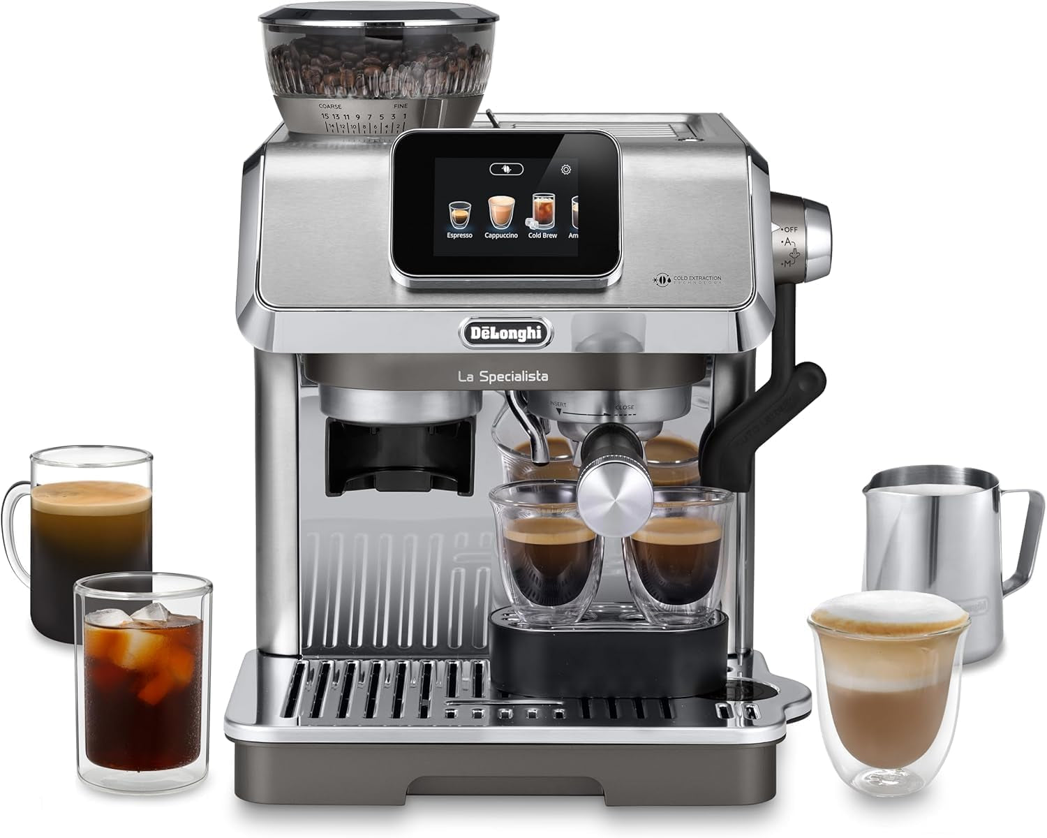 De'Longhi La Specialista Arte EC9155.MB ekspres do kawy z kolbą ze młynkiem, 8 stopni mielenia, ciśnienie 15 barów, 3 ustawienia temperatury, spieniacz do mleka, 1550 W, zbiornik 1,7 l, stal nierdzewna/czarny, w zestawie zestaw baristy