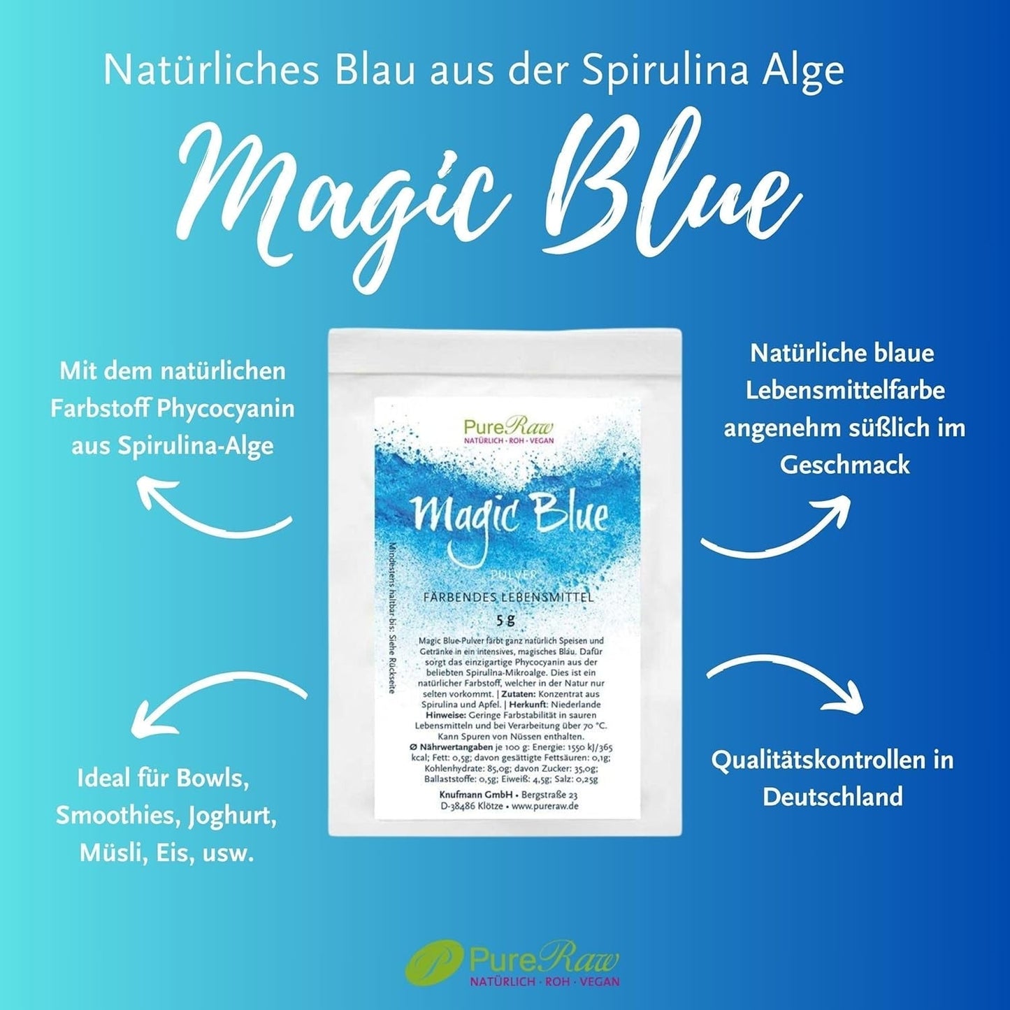 Magic Blue Spirulina Naturalny barwnik spożywczy w proszku Niebieski (surowy wegański) Ciemnoniebieski do jasnego pastelowego błękitu - Fikocyjanina Algi w proszku Barwnik spożywczy - Naturalny barwnik spożywczy | Czyste 5G
