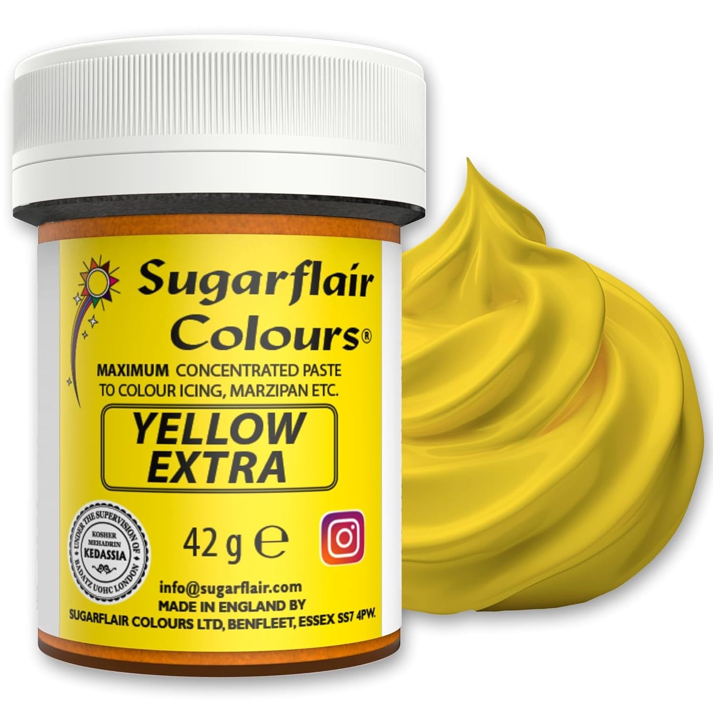 Barwnik spożywczy Sugarflair Max Concentrated Yellow Extra, silnie skoncentrowany barwnik spożywczy do marcepanu i fondantu, barwnik w paście Max Concentrate - 42 g