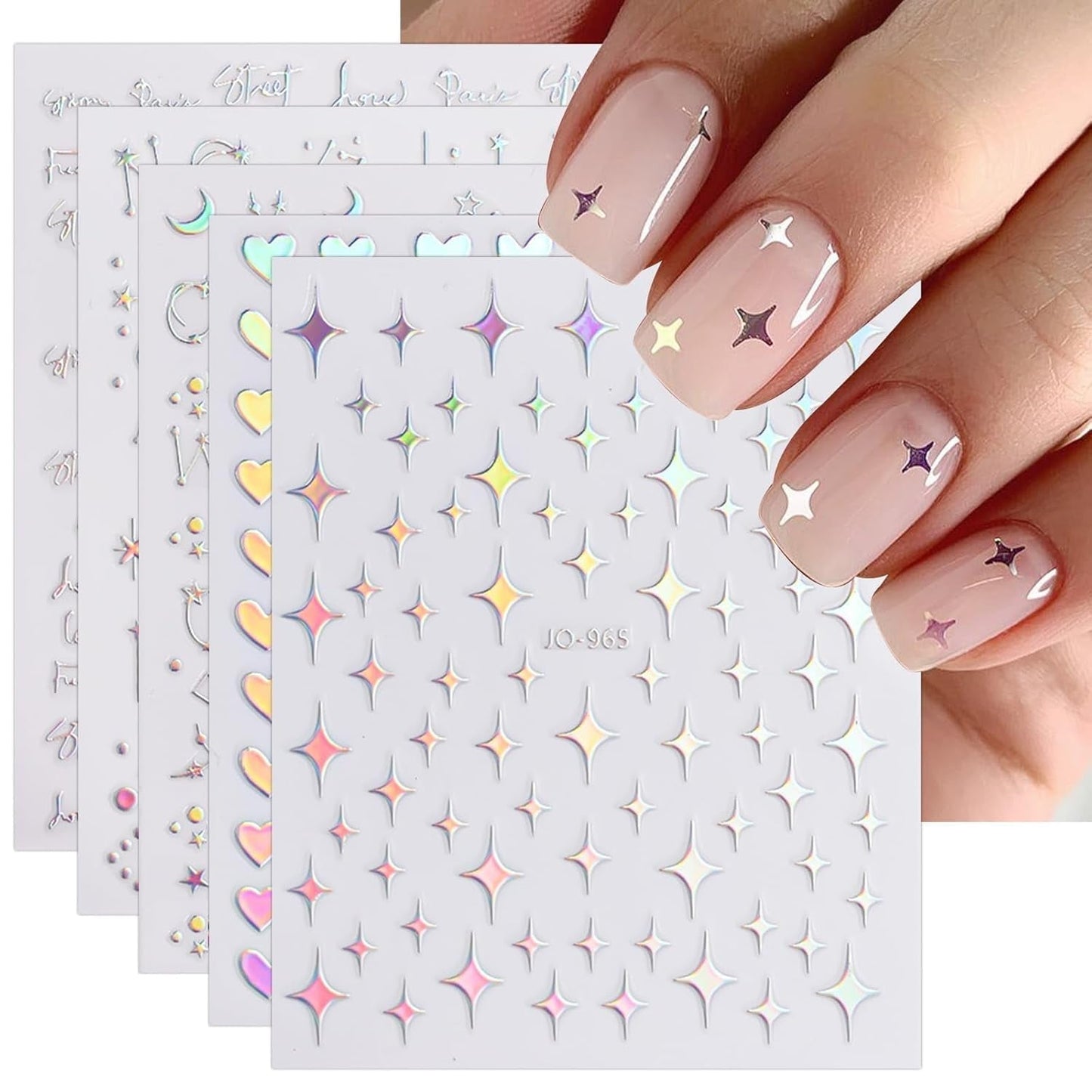 JMEOWIO Nagelsticker Aurora 12 Blatt Nail Art Naklejka Selbstklebend Nagelaufkleber Holografisches Stern Herz Dekoration Nageldesign Zubehör