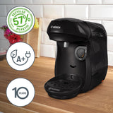 Bosch Tassimo Happy Friendly TAS102E Ekspres do espresso w kapsułkach, ponad 70 napojów, odpowiedni do wszystkich filiżanek, Auto-Stop, zrównoważony, idealne dozowanie, oszczędzający miejsce, 1400 W, czarny