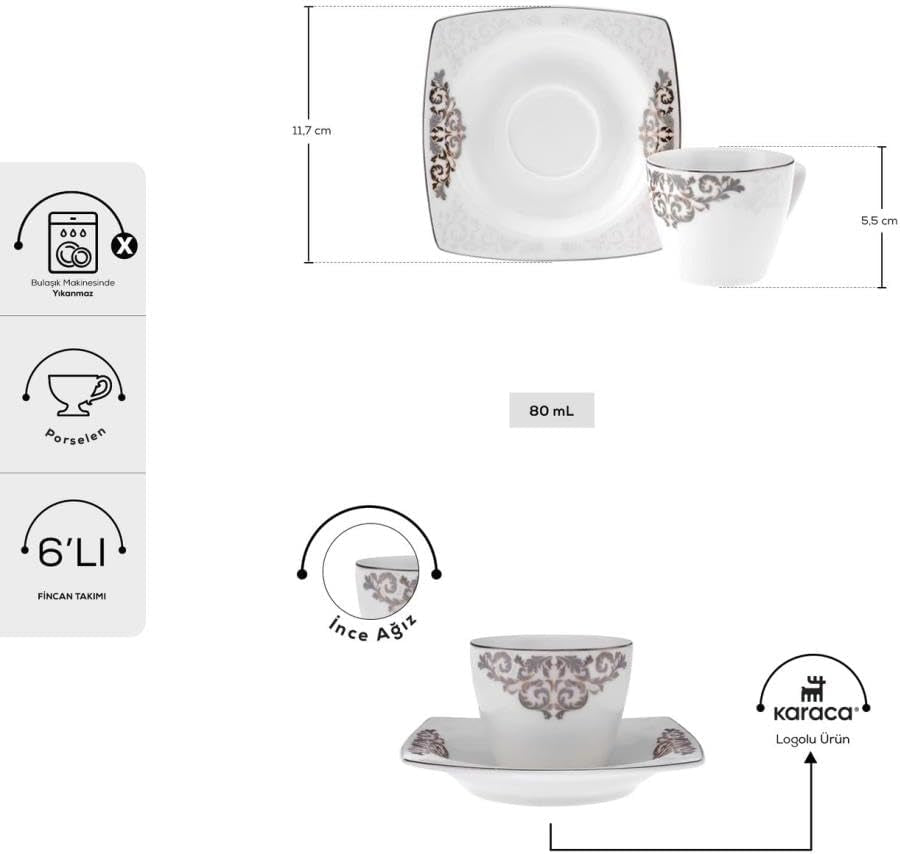 Zestaw porcelanowych filiżanek do espresso KARACA Nazende - 80 ml tureckie filiżanki do kawy ze spodkami, 12-częściowy nowoczesny serwis do kawy z 6 filiżankami do kawy i 6 spodkami, filiżanki do mokki - biały