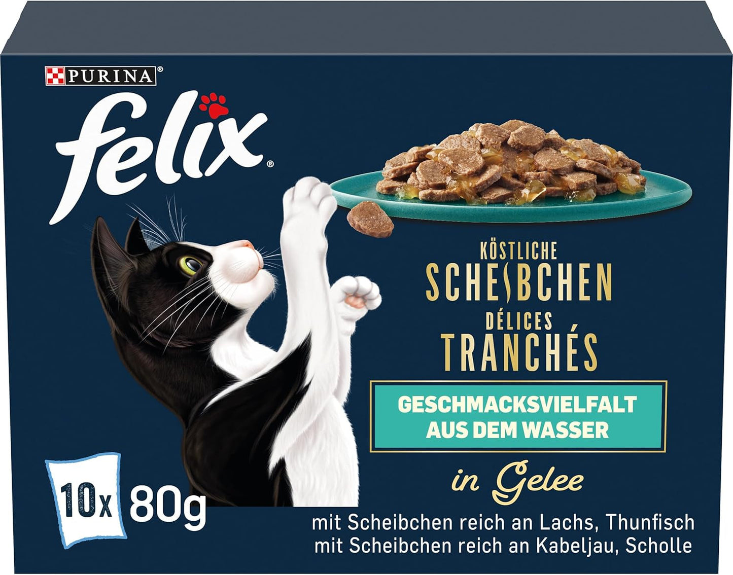 Felix Delicious Mokra karma dla kotów w galaretce, różne smaki, opakowanie 6 szt. (6 x 10 saszetek po 80 g każda)