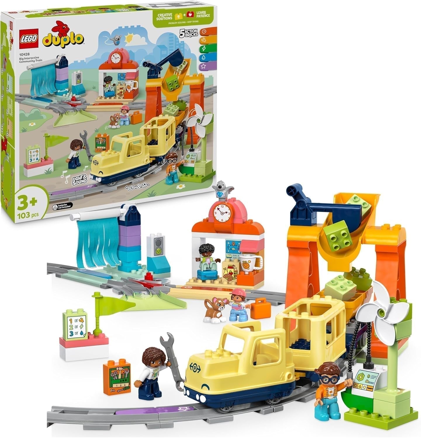 Duża interaktywna kolej miejska LEGO DUPLO, zabawka do budowania dla małych dzieci w wieku 3 lat, lokomotywa Push & Go ze światłami i dźwiękami, części torów, zabawka edukacyjna dla przedszkolaków 10428 Zestawy do budowania Besuche den LEGO-Store Default Title