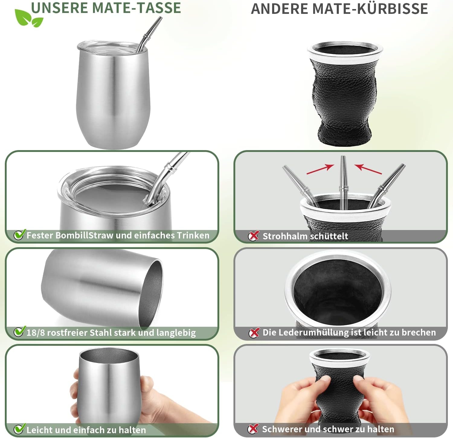 Kubek Modern Mate o pojemności 340 ml, zestaw izolowanych kubków do Yerba Mate o podwójnych ściankach ze stali nierdzewnej, kubek do herbaty Mate z pokrywką niezawierającą BPA, bombille i szczoteczka do czyszczenia (srebrna)
