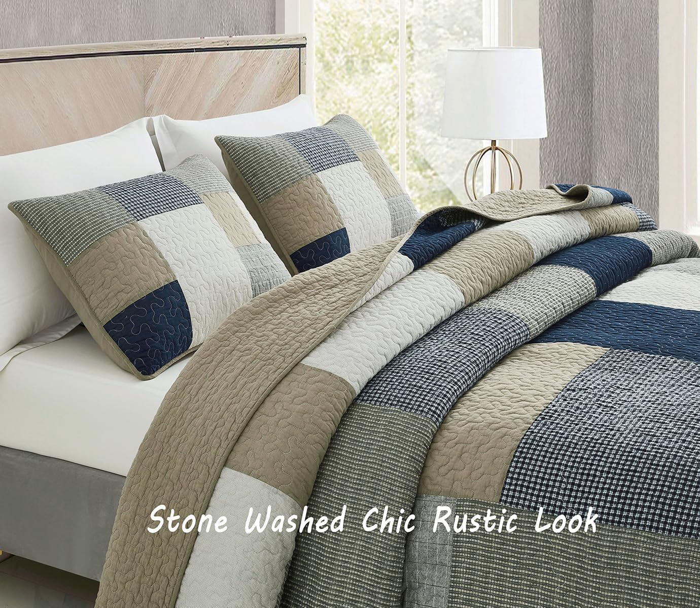 Kolekcja Chezmoi Addy Zestaw patchworkowych kołder Wstępnie prana bawełna Lekki Dwustronny Na każdy sezon Ponadgabarytowy 3 elementy Granatowo-biało-szary ciemnoszary Plaid Kołdry i kołdry Naty Shop