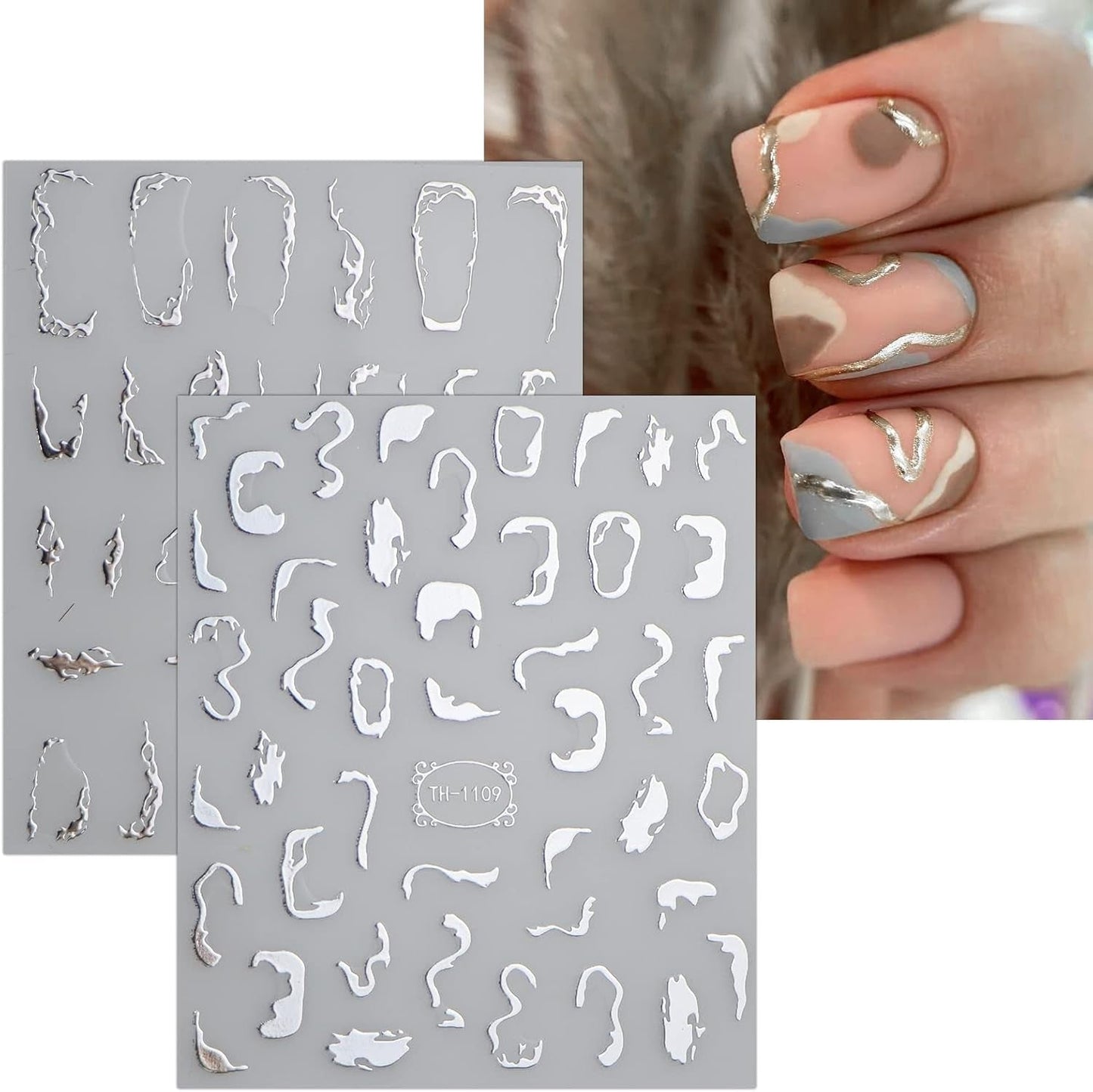 JMEOWIO Nagelsticker Marmor Linie 9 Blatt Nail Art Naklejka Selbstklebend Nagelaufkleber Silber Bunt Dekoration Nageldesign Zubehör