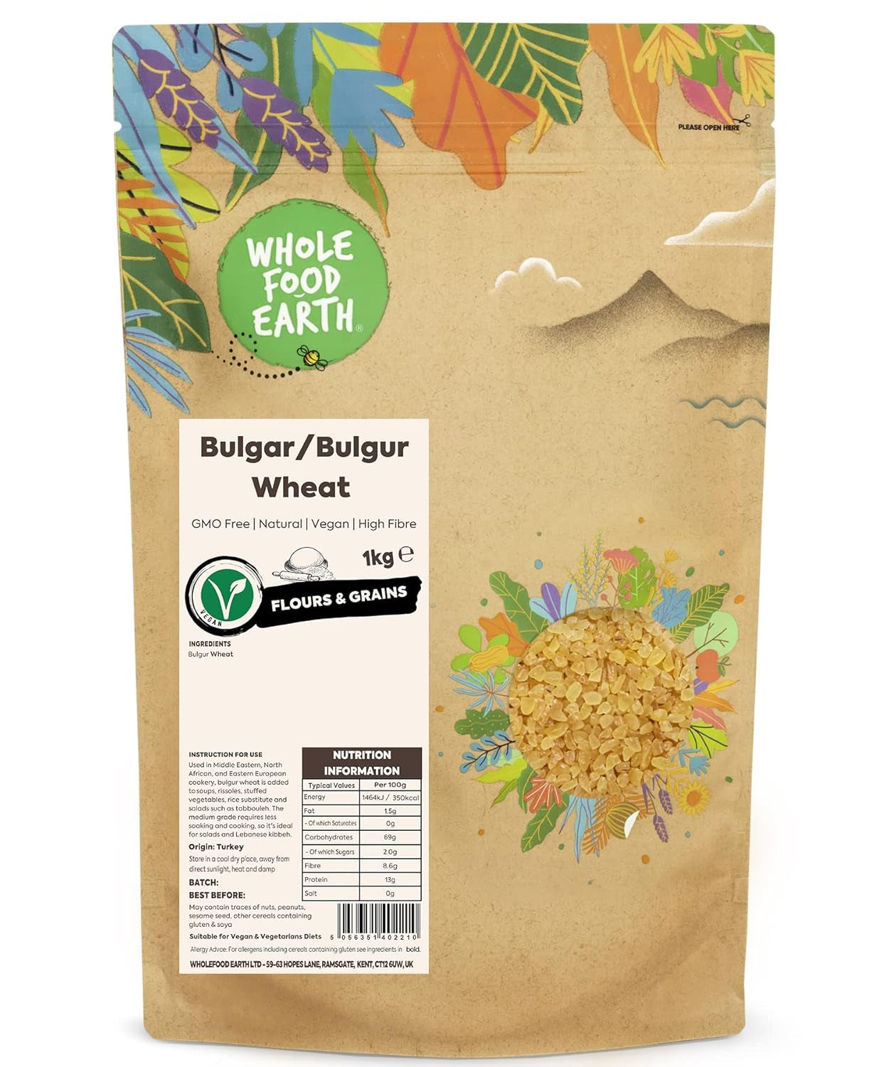Pełnoziarnisty bulgur pszenny ziemny - bez GMO - naturalny - wegański - bez nabiału - bez dodatku cukru, 500g