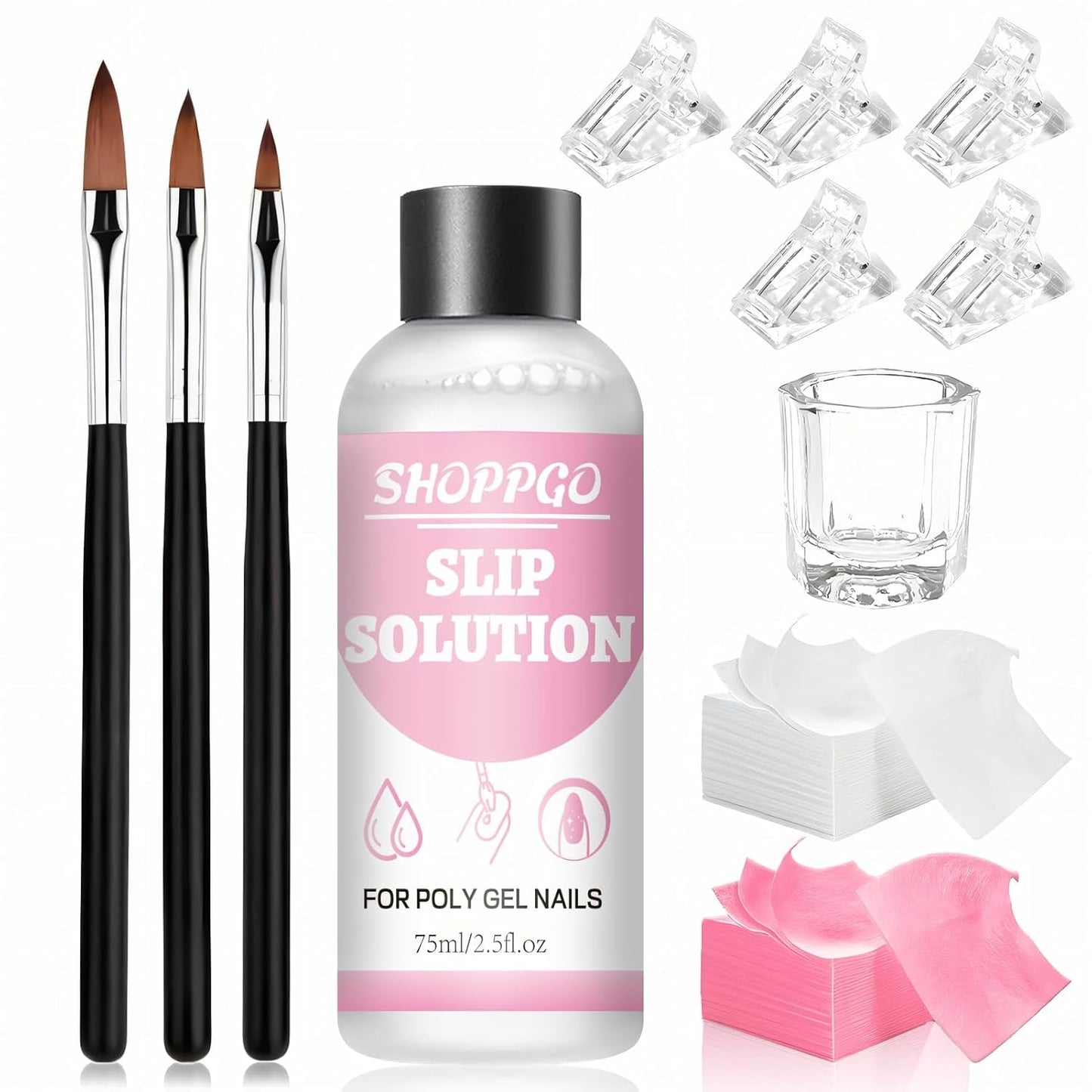 Roztwór do prostowania Polygel, zestaw do paznokci Polygel Slip Solution, roztwór do prostowania 75 ml, zawiera 5 klipsów na końcówki paznokci, 3 szczoteczki do paznokci, 1 kryształowy kubek, 100 arkuszy czyszczących