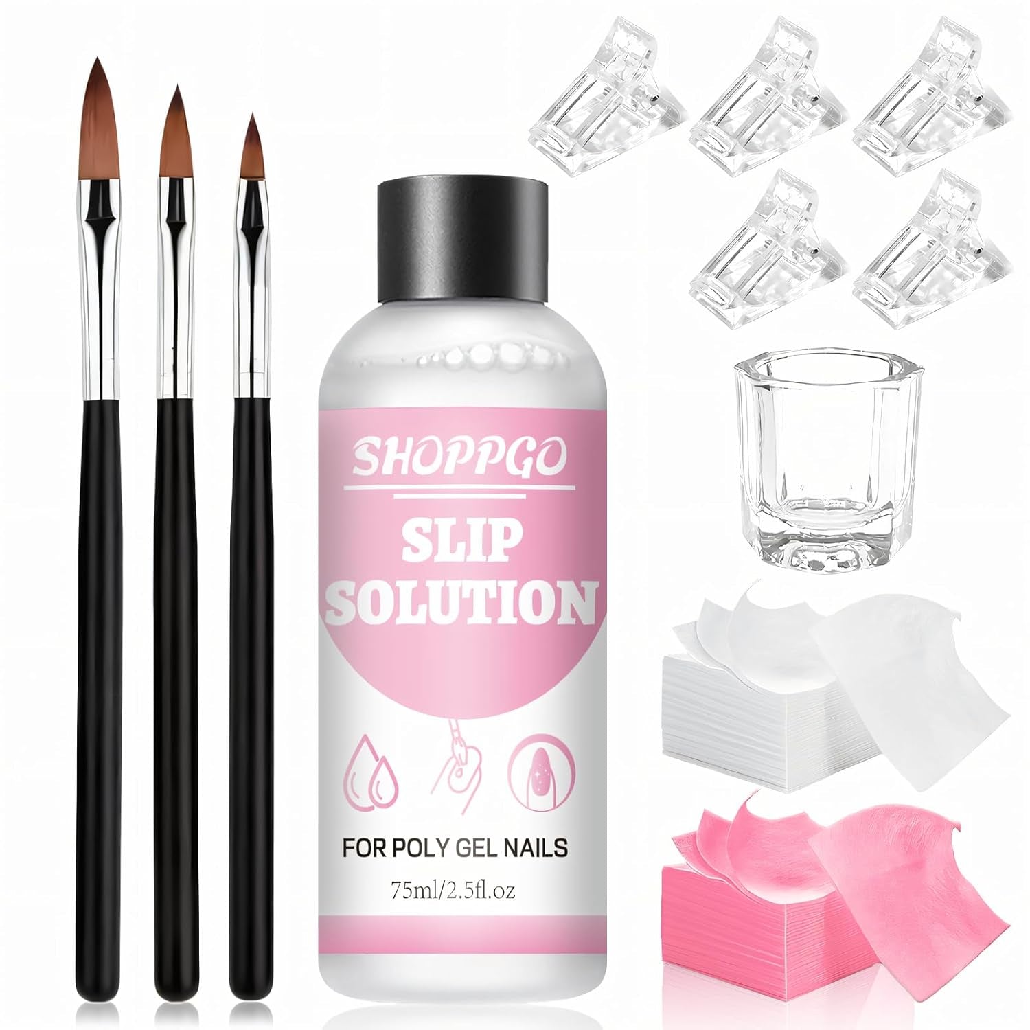 Roztwór do prostowania Polygel, zestaw do paznokci Polygel Slip Solution, roztwór do prostowania 75 ml, zawiera 5 klipsów na końcówki paznokci, 3 szczoteczki do paznokci, 1 kryształowy kubek, 100 arkuszy czyszczących