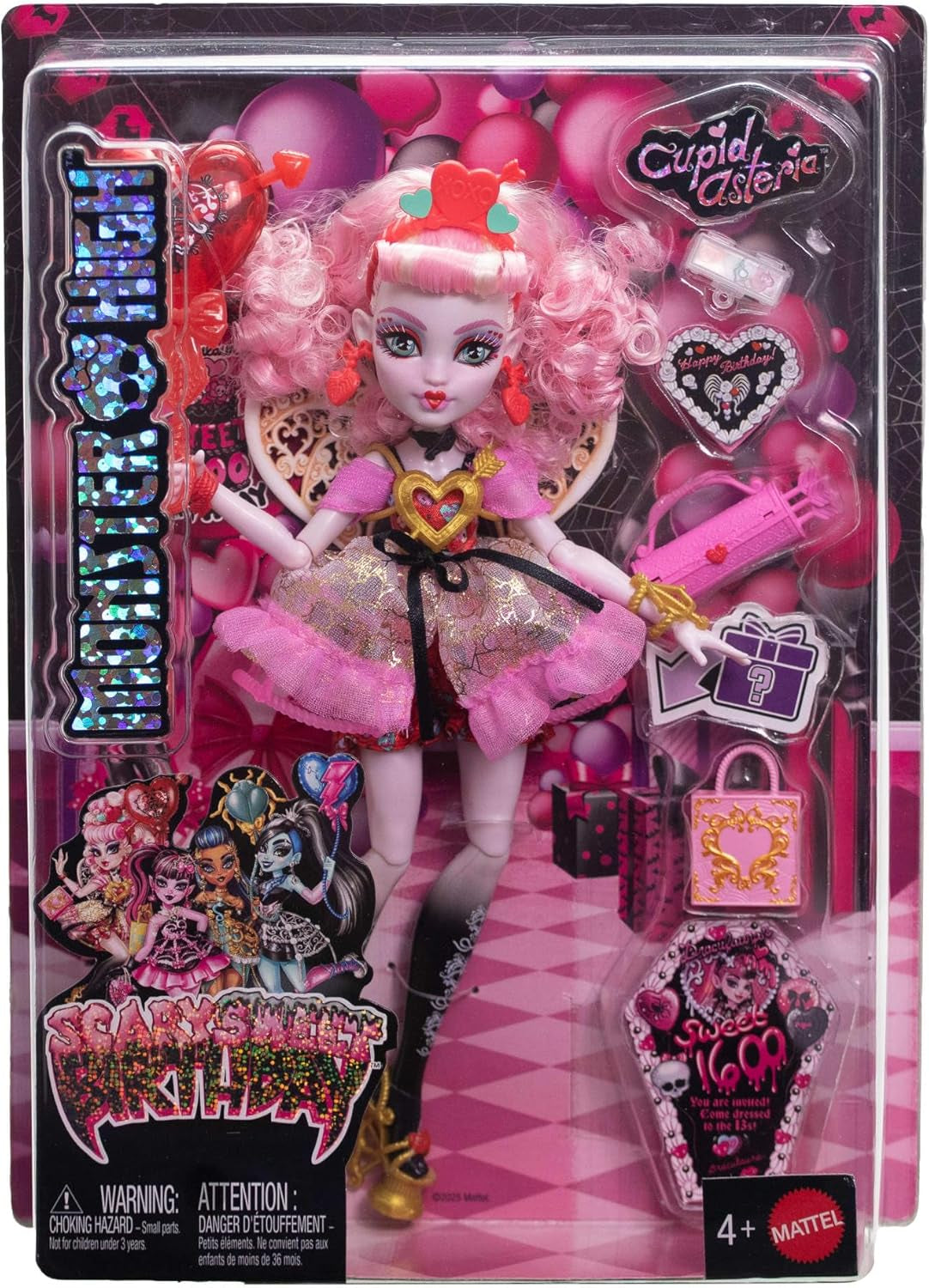 Straszna lalka Monster High Sweet Birthday Cupid Asteria w różowej i czerwonej sukience imprezowej z akcesoriami tematycznymi, takimi jak zaproszenie, balon, prezent i nie tylko, JBG77