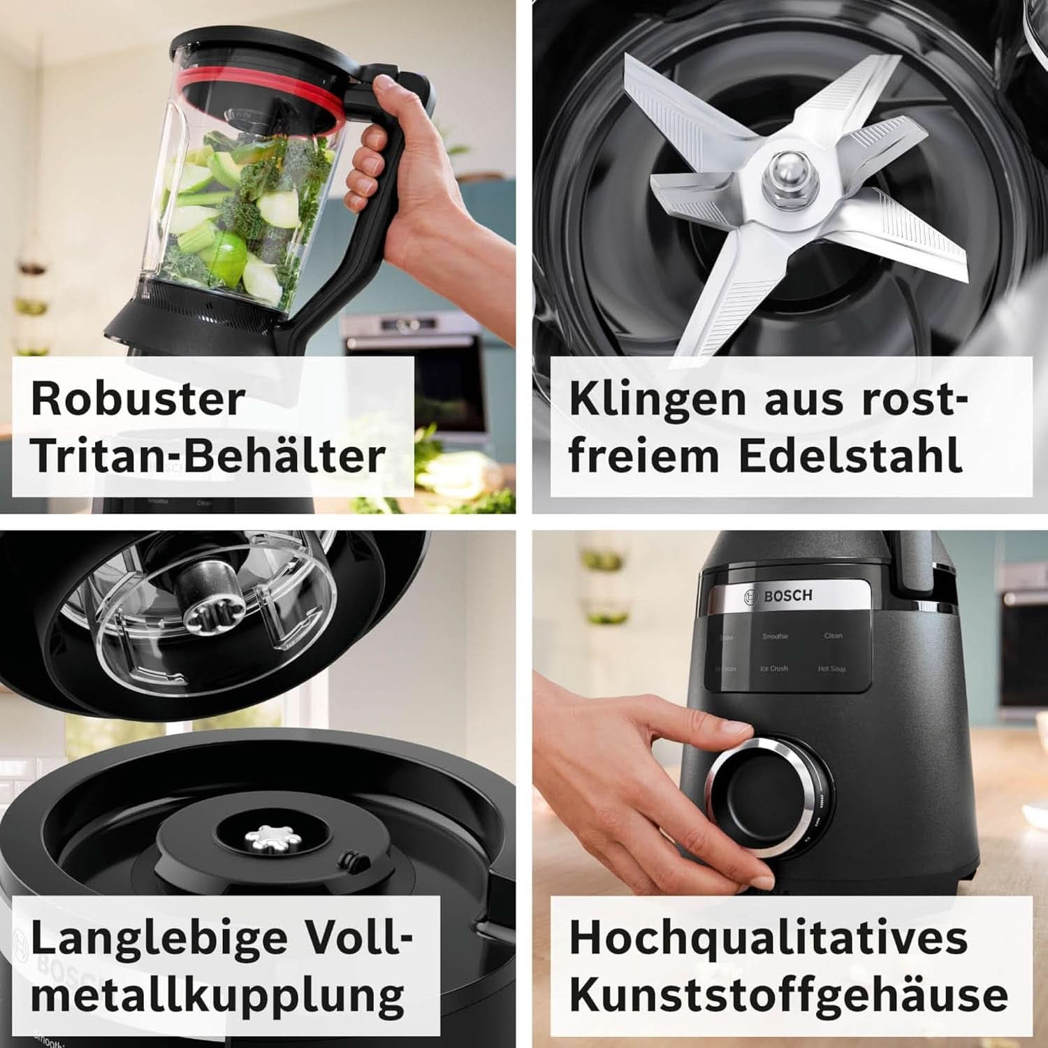 Mikser stojący szybkoobrotowy Vitapower Serie 6 MMBD665B1, 45 000 obr./min, 6 programów Inkl Heiße Suppe & Reinigung, 2 l Mixbehälter, Stopfer, Spülmaschinenfeste Teile, Made in Europe, 1800 W, Schwarz Kitchen Naty Shop