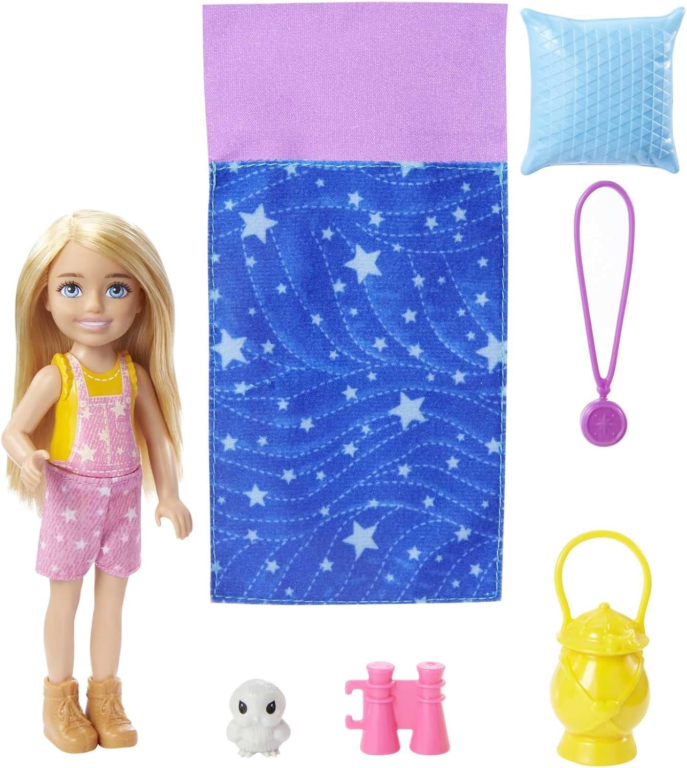 Seria Barbie Chelsea, lalka Chelsea Camping z blond włosami, sowa, śpiwór, poduszka, latarka, lornetka, akcesoria kempingowe, prezent dla dzieci, zabawka od 3 lat i więcej, HDF77